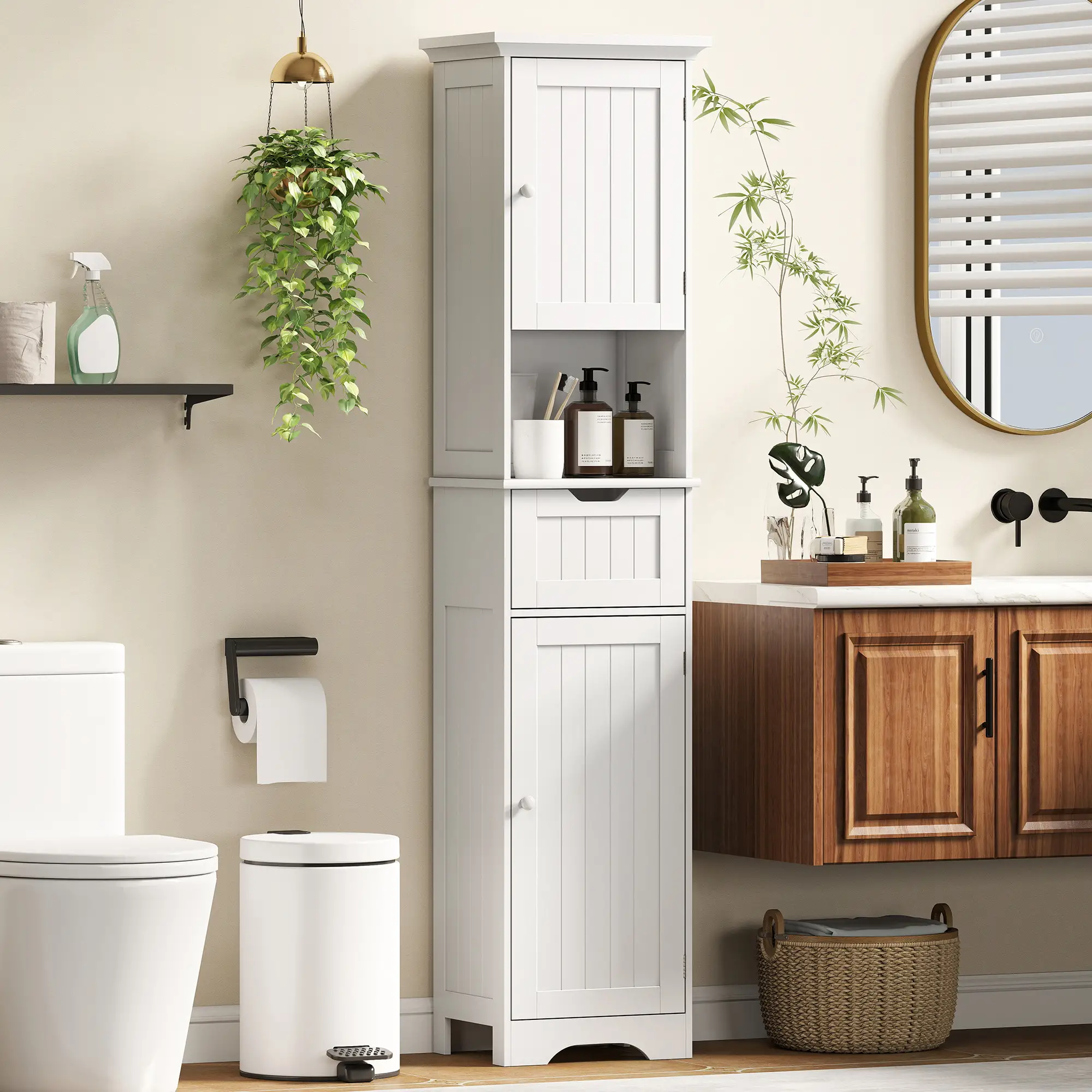 67" Tall Narrow Bathroom Storage Cabinet, LED Light, Adjustable Shelf, Drawer - Image 8
