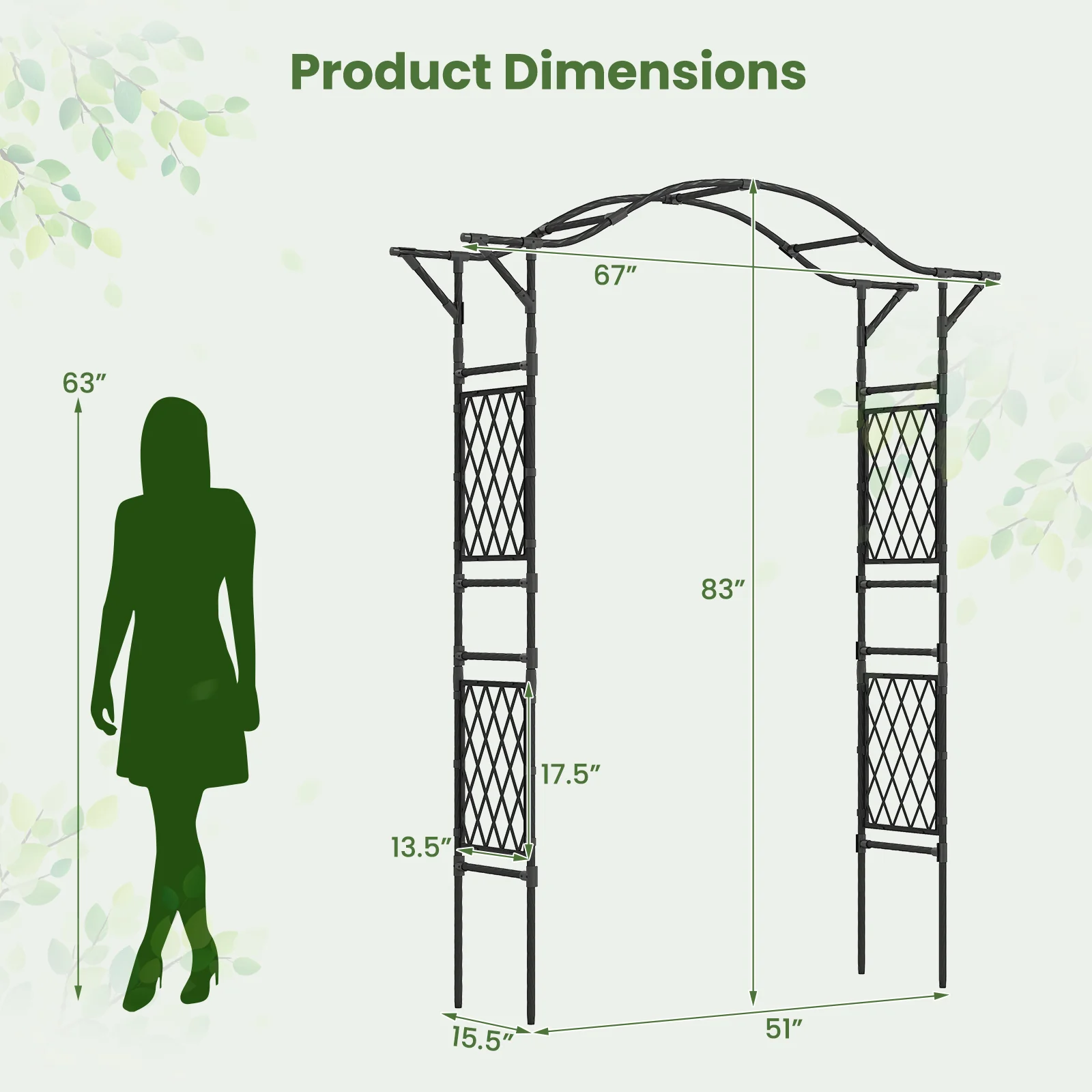 67 x 83 Inch Garden Arch Trellis Metal Pergola Arbor for Climbing Plants, Black - Image 6