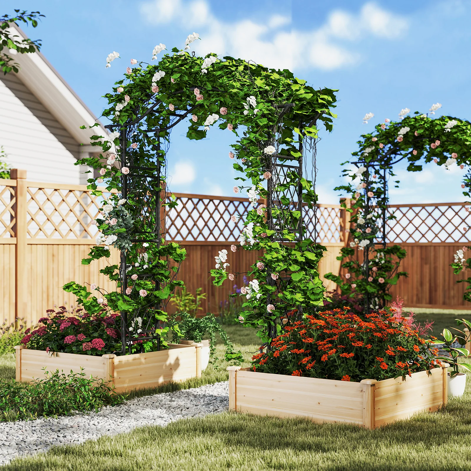 67 x 83 Inch Garden Arch Trellis Metal Pergola Arbor for Climbing Plants, Black - Image 8