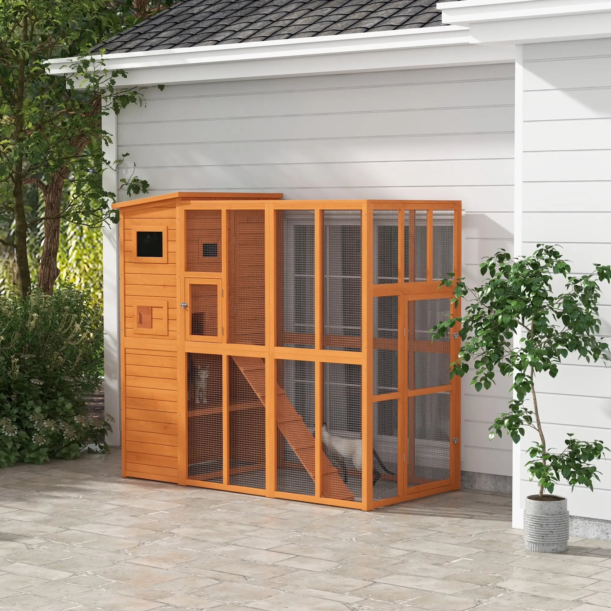68.75" H Large Wooden Outdoor Cat House with Run, Catio, Condo, Natural - Image 2