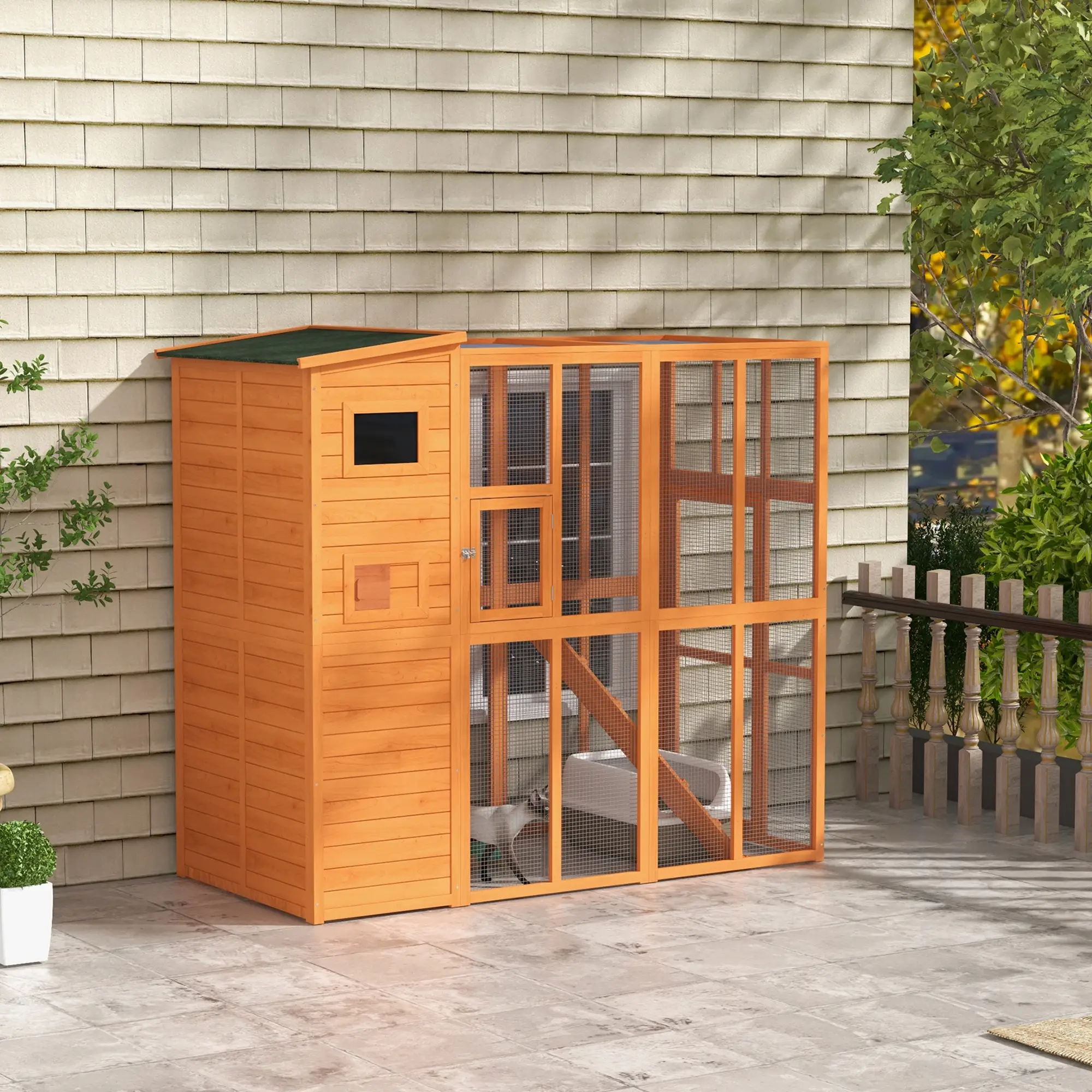 68.75" H Large Wooden Outdoor Cat House with Run, Catio, Condo, Natural - Image 8