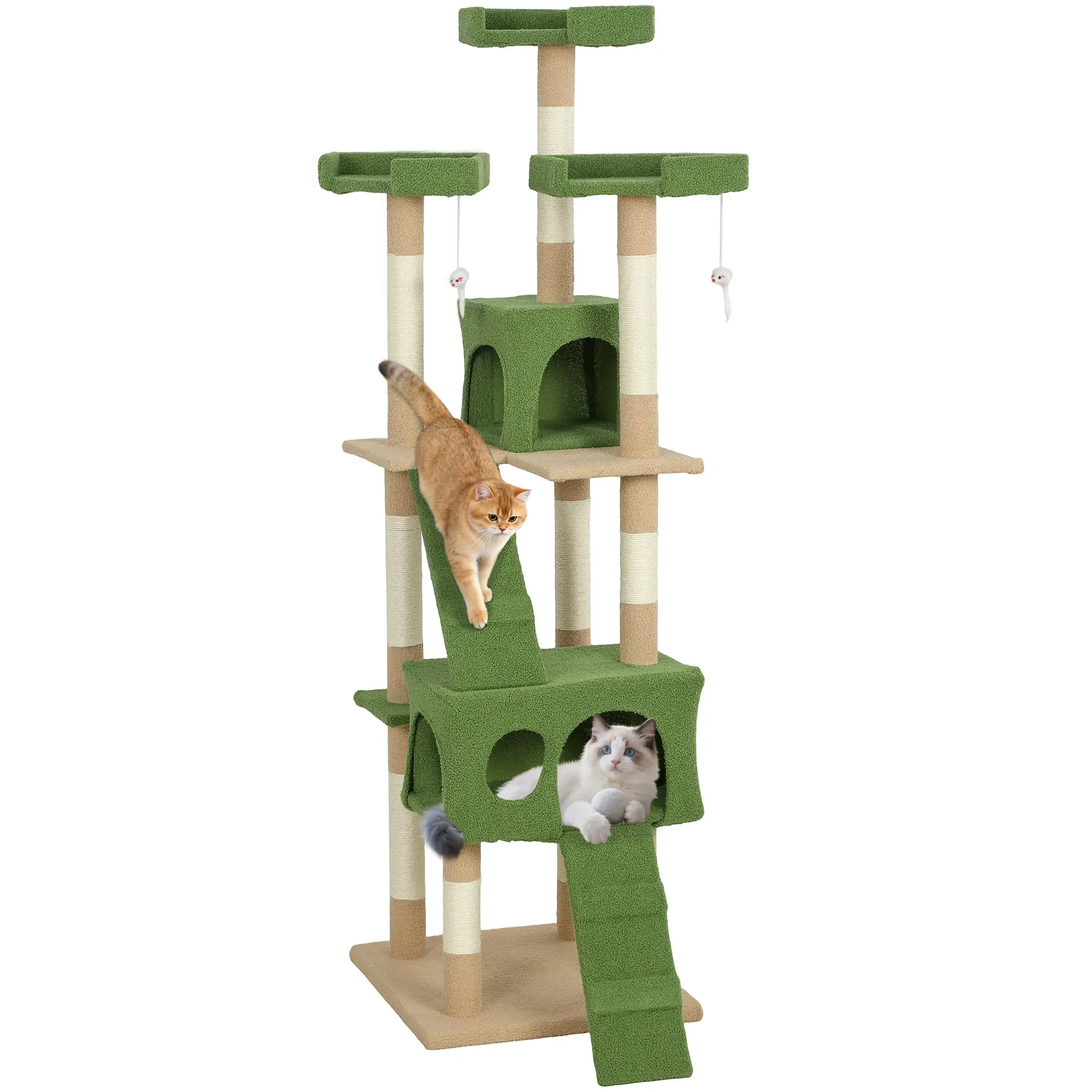 68-Inch Cat Scratching Tree, Multi-Level Activity Center, Green - Image 11