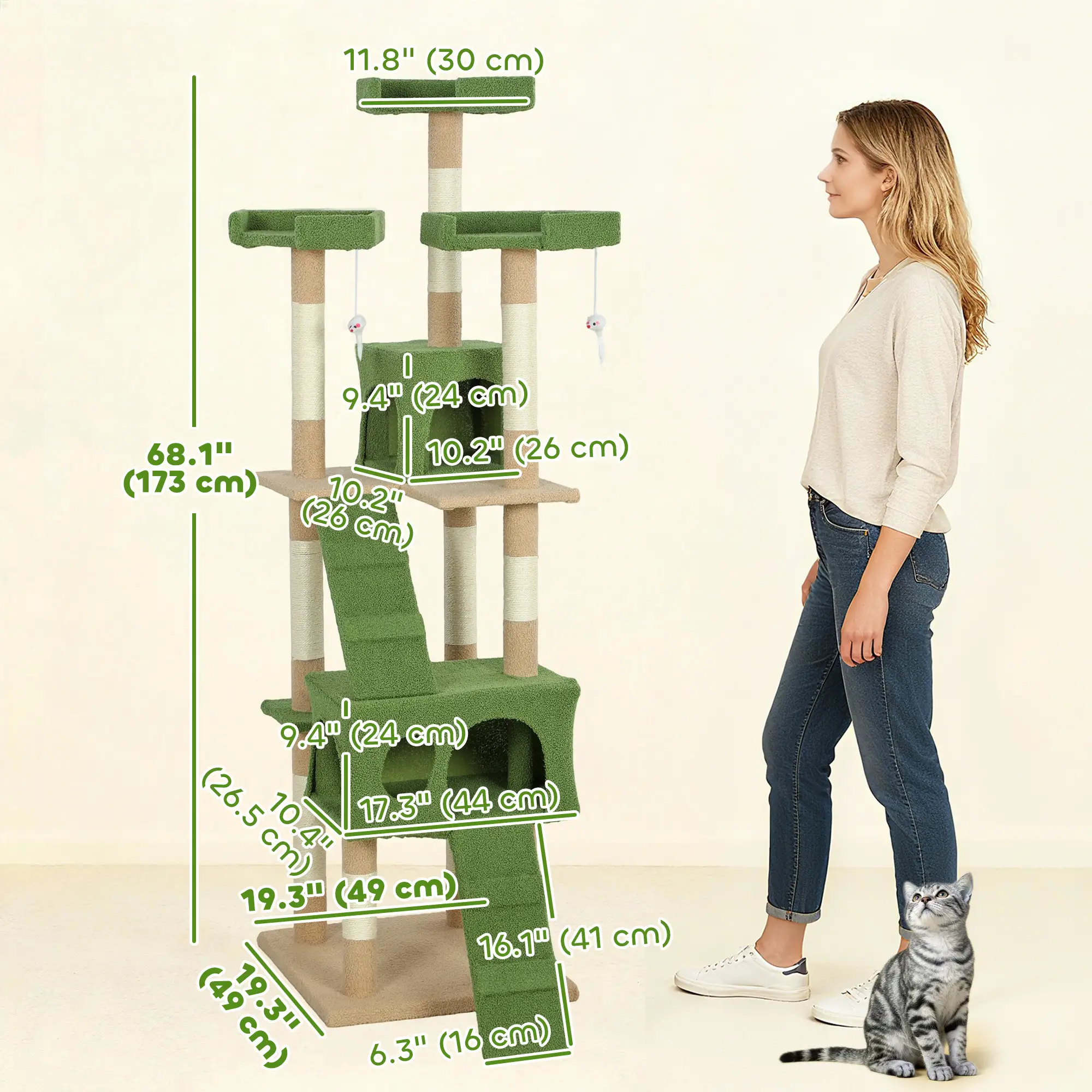 68-Inch Cat Scratching Tree, Multi-Level Activity Center, Green - Image 3