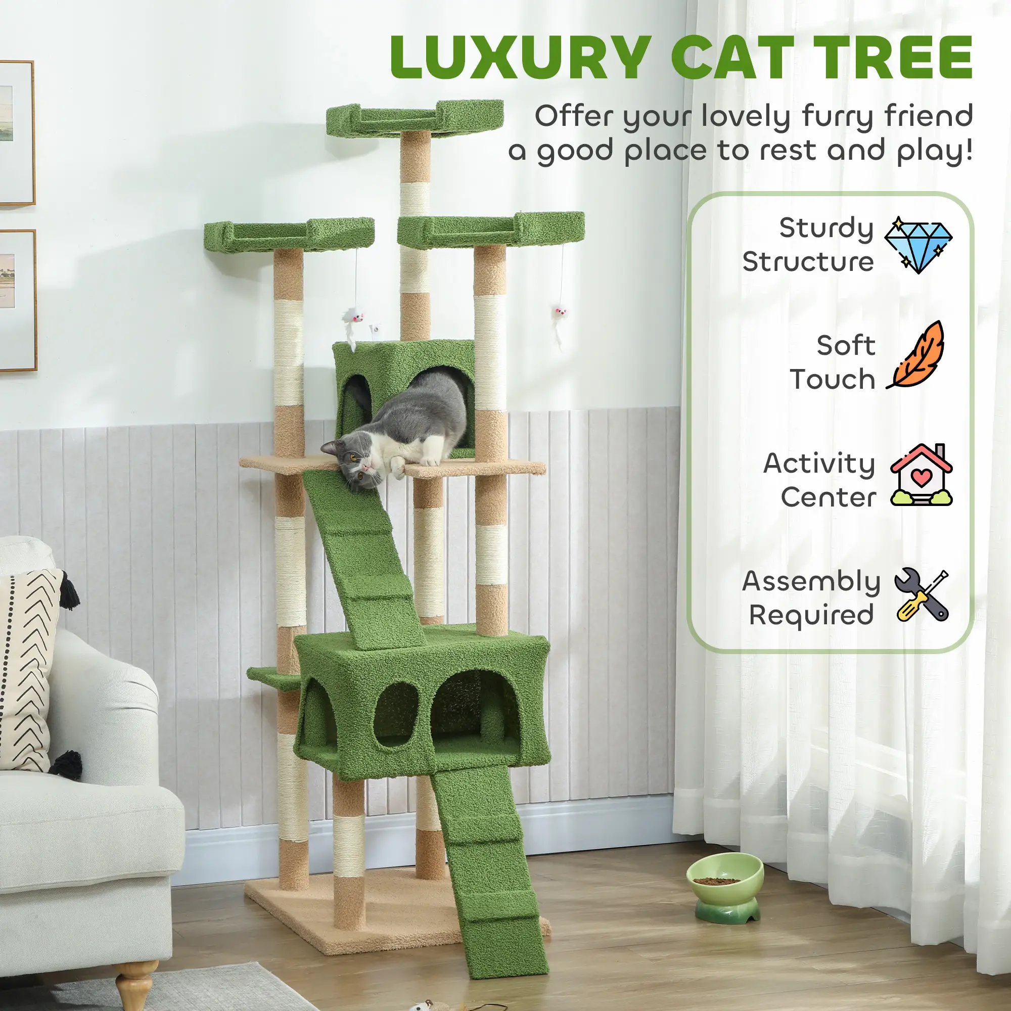 68-Inch Cat Scratching Tree, Multi-Level Activity Center, Green - Image 4