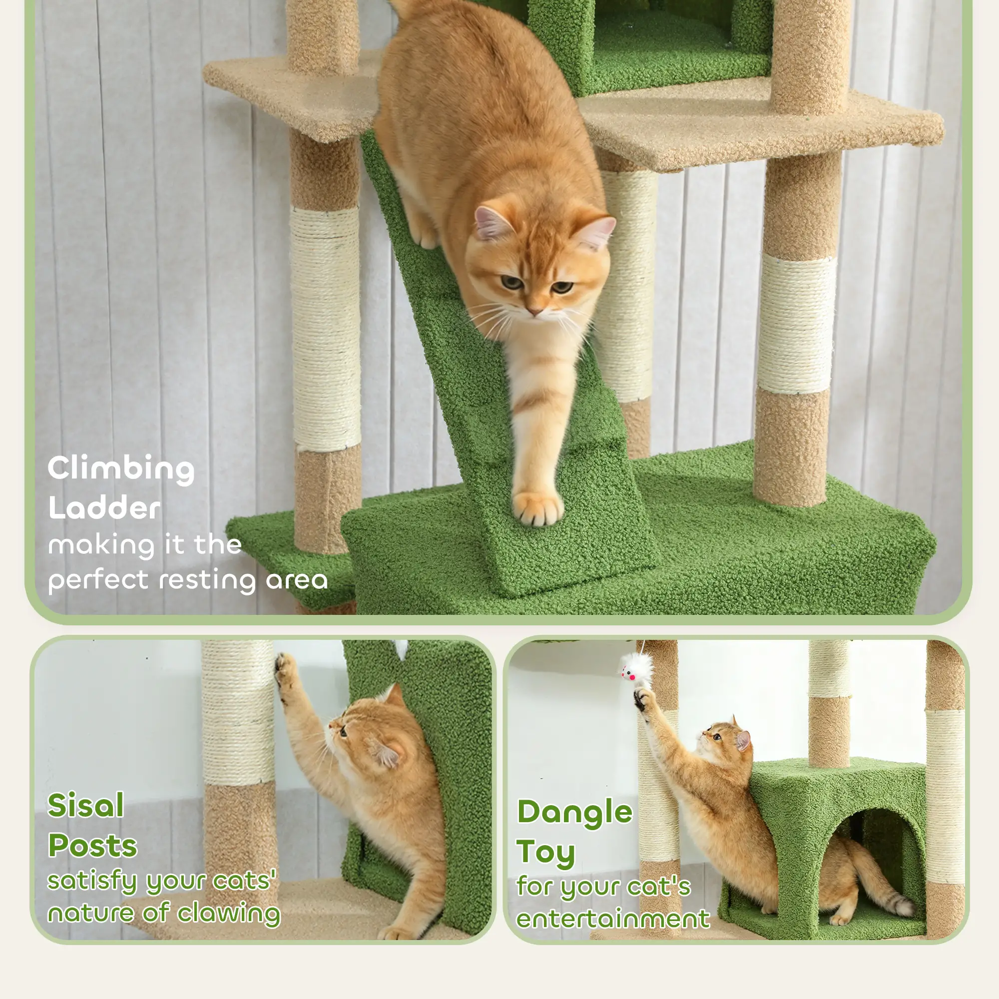 68-Inch Cat Scratching Tree, Multi-Level Activity Center, Green - Image 5