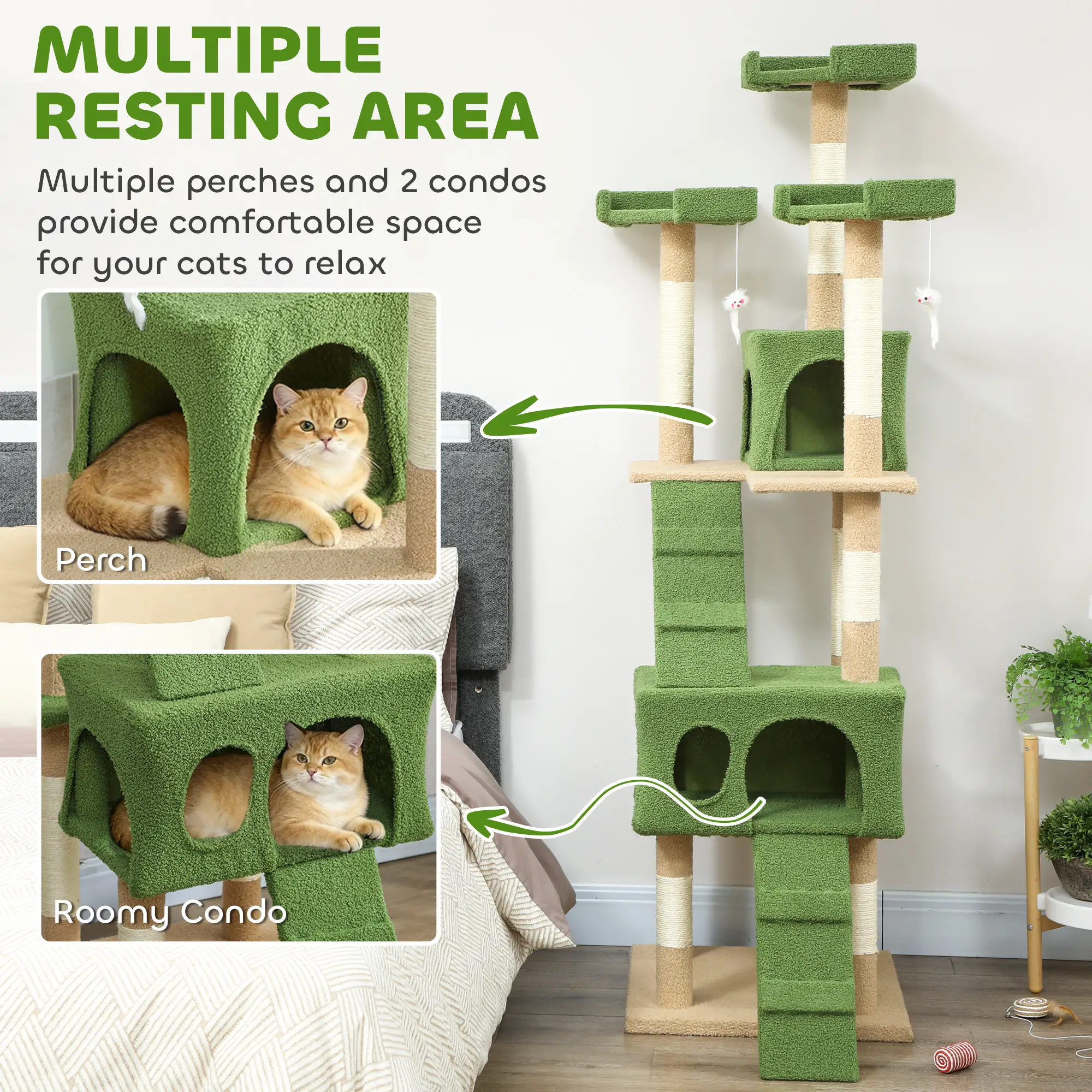 68-Inch Cat Scratching Tree, Multi-Level Activity Center, Green - Image 6