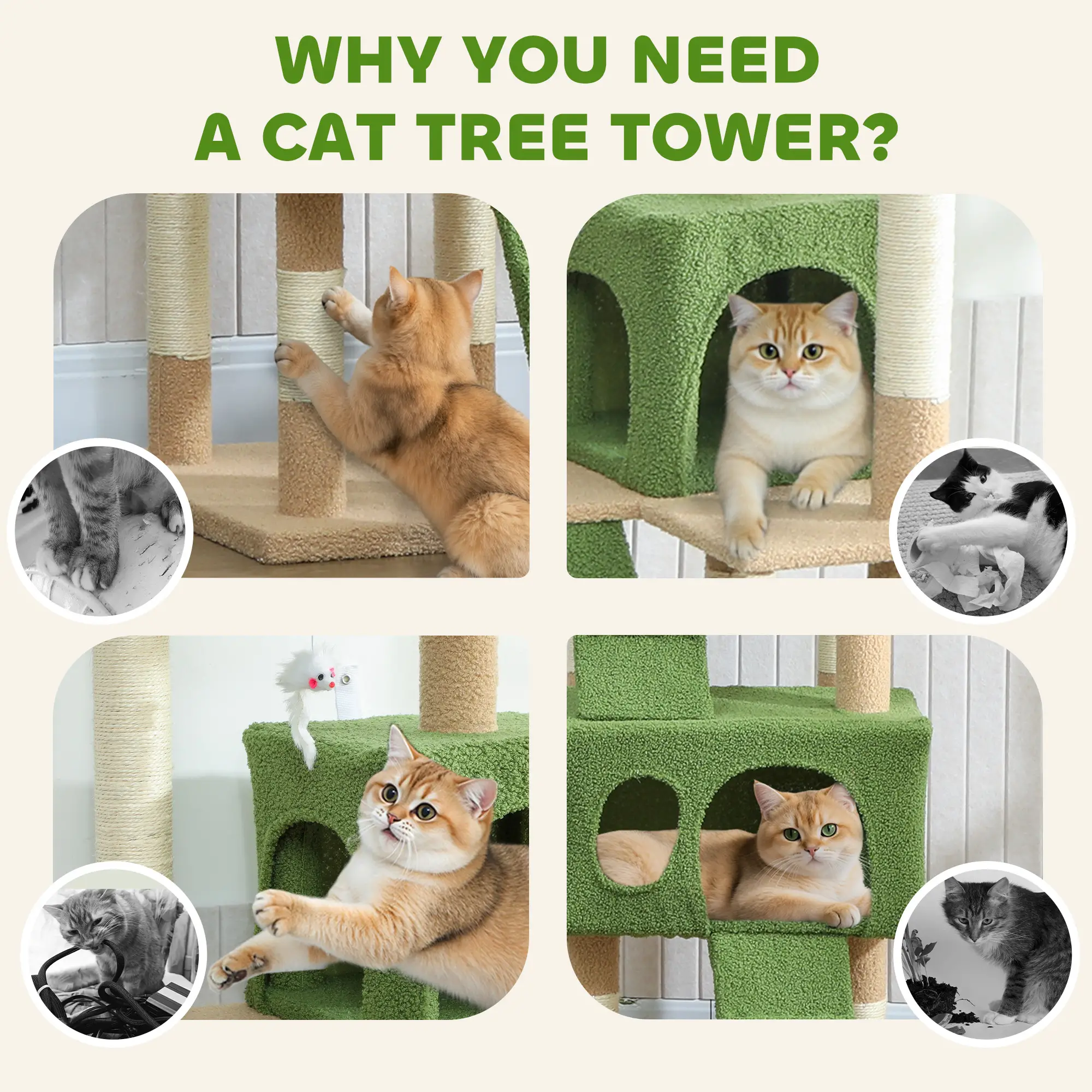 68-Inch Cat Scratching Tree, Multi-Level Activity Center, Green - Image 7