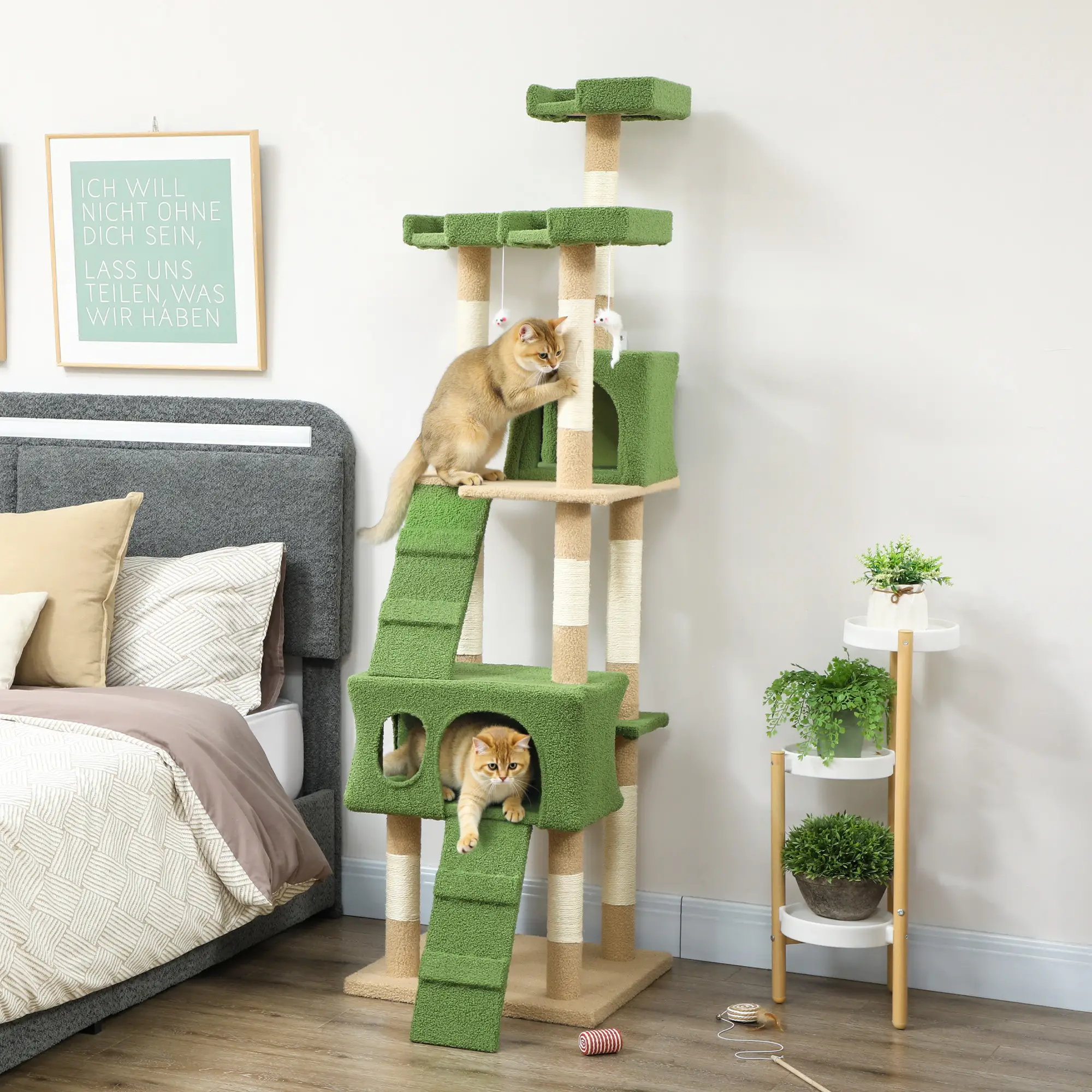 68-Inch Cat Scratching Tree, Multi-Level Activity Center, Green - Image 8