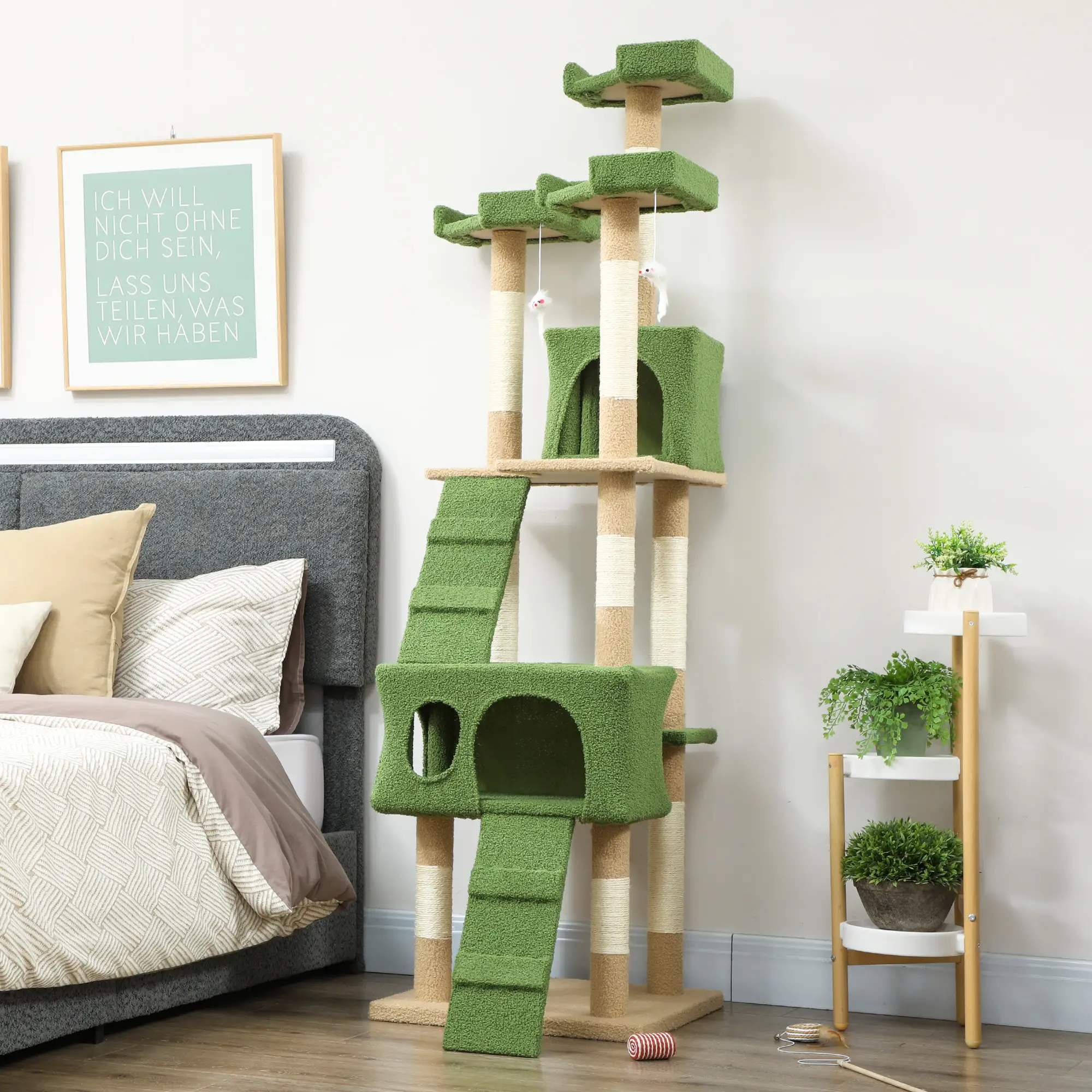 68-Inch Cat Scratching Tree, Multi-Level Activity Center, Green - Image 9