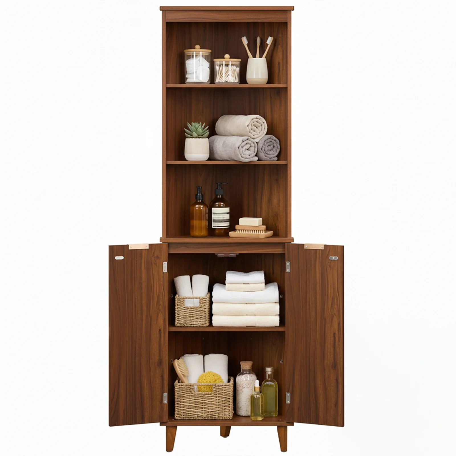 68 Inch Corner Cabinet, Fluted Doors, Walnut
