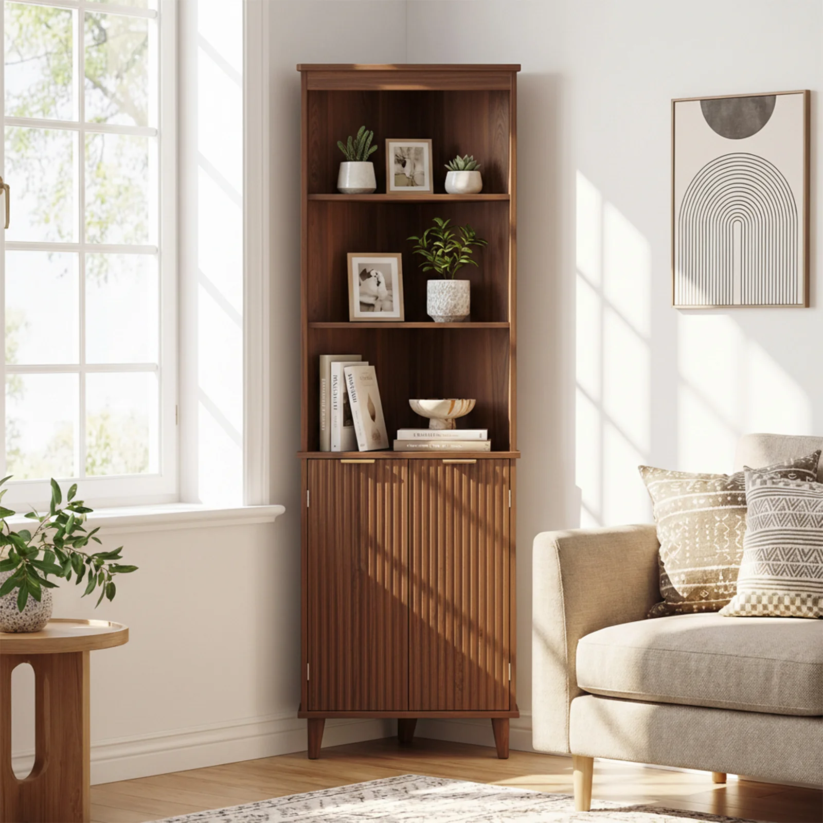68 Inch Corner Cabinet, Fluted Doors, Walnut - Image 2