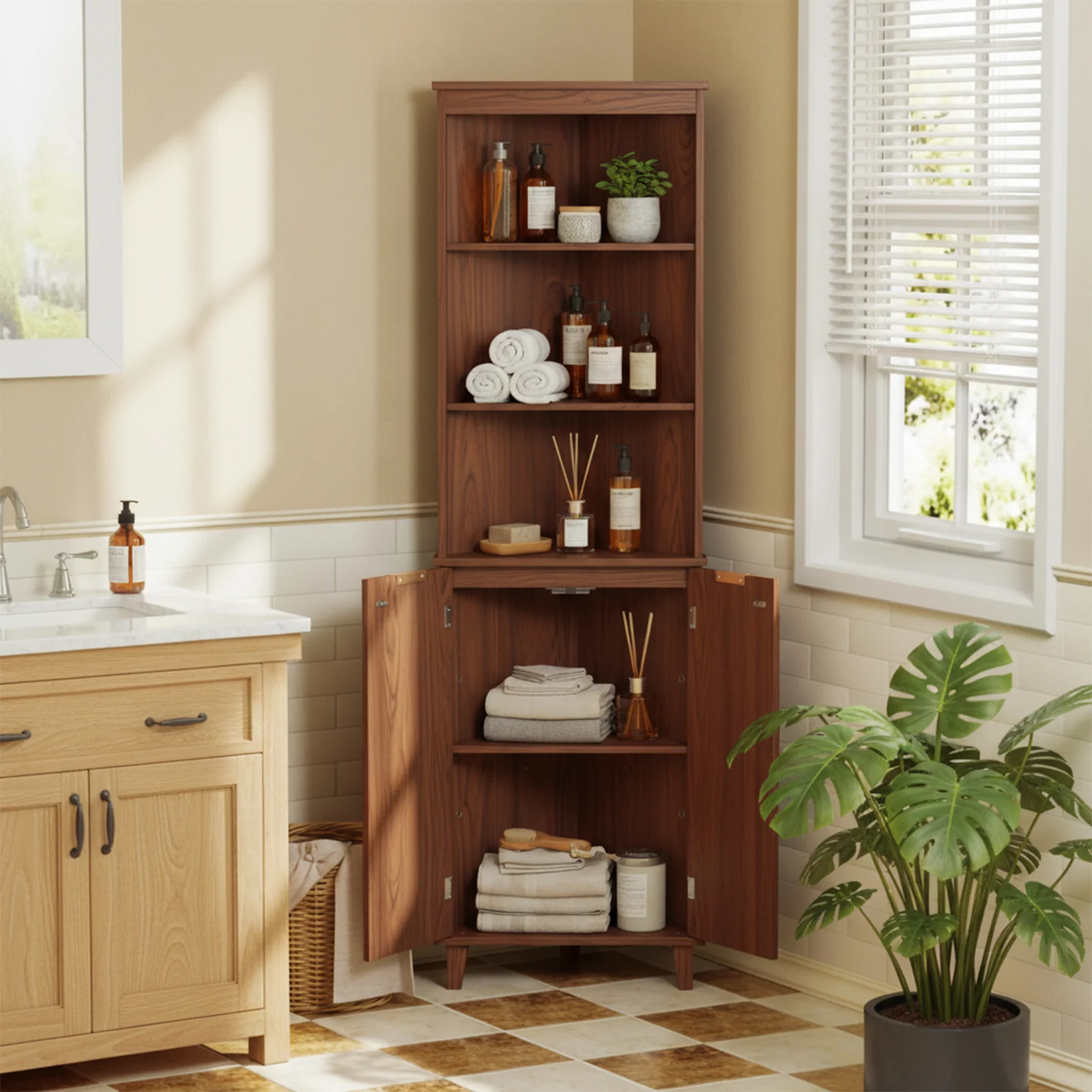 68 Inch Corner Cabinet, Fluted Doors, Walnut - Image 3