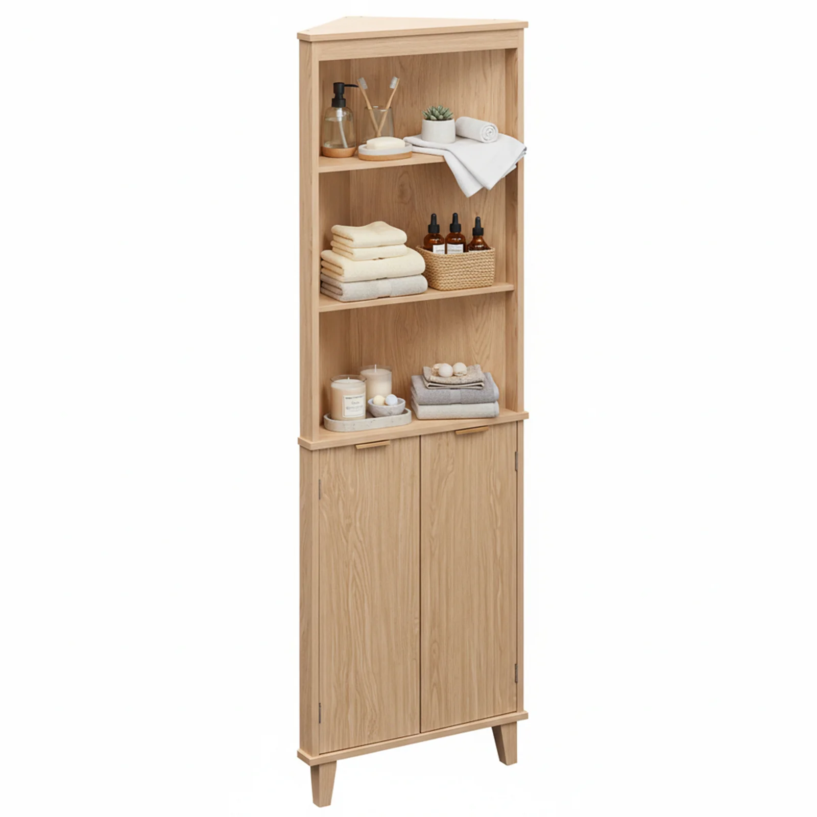 68 Inch Corner Cabinet With Fluted Doors, Oak - Image 4