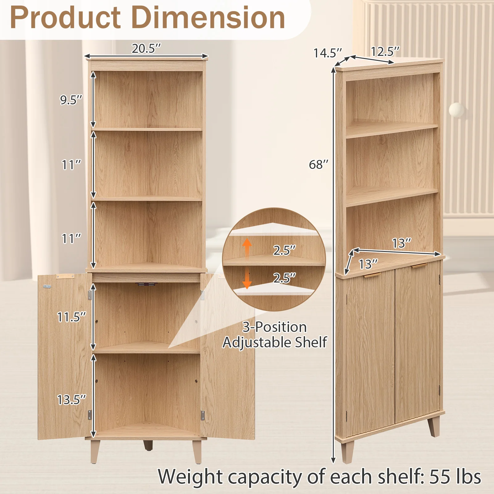 68 Inch Corner Cabinet With Fluted Doors, Oak - Image 5