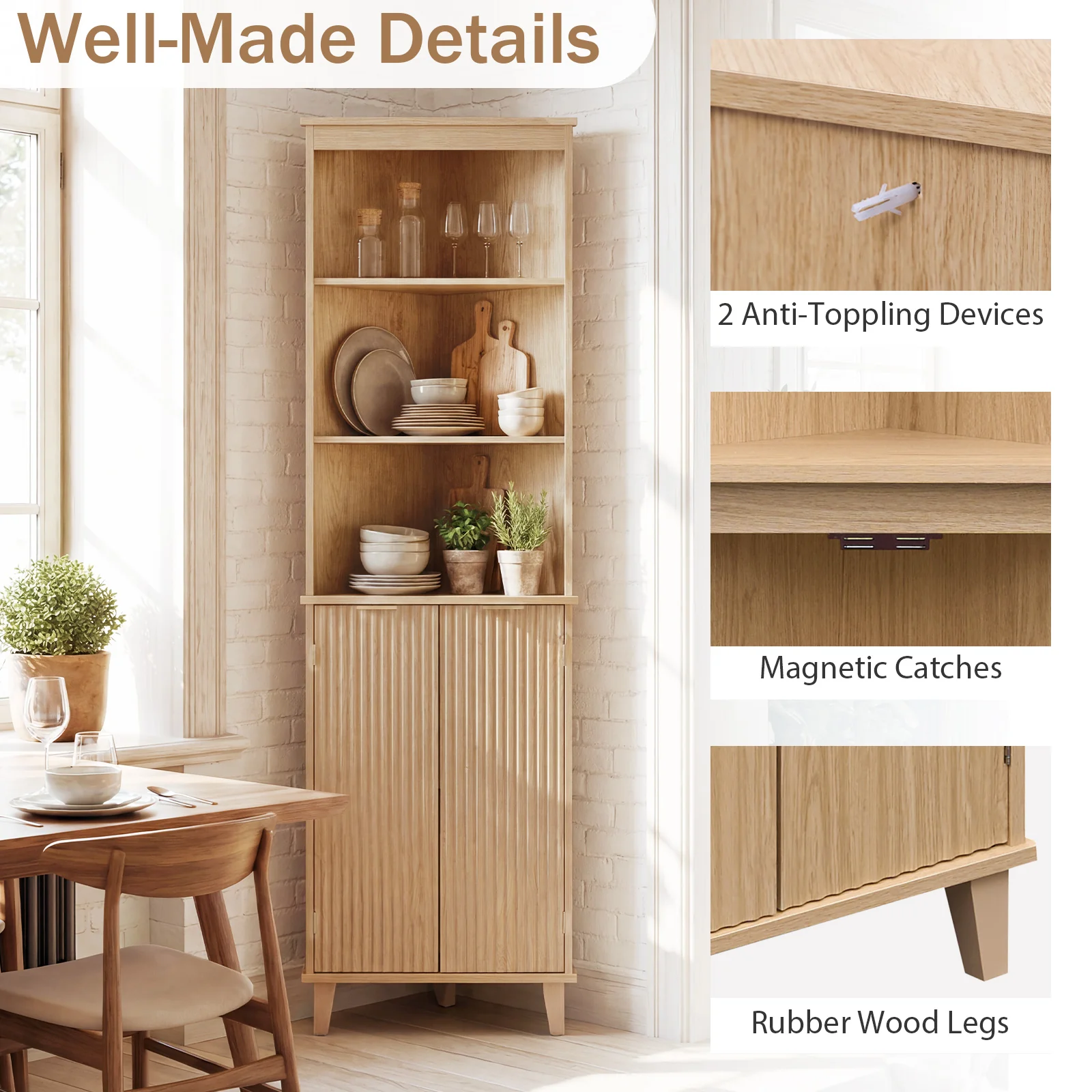 68 Inch Corner Cabinet With Fluted Doors, Oak - Image 9