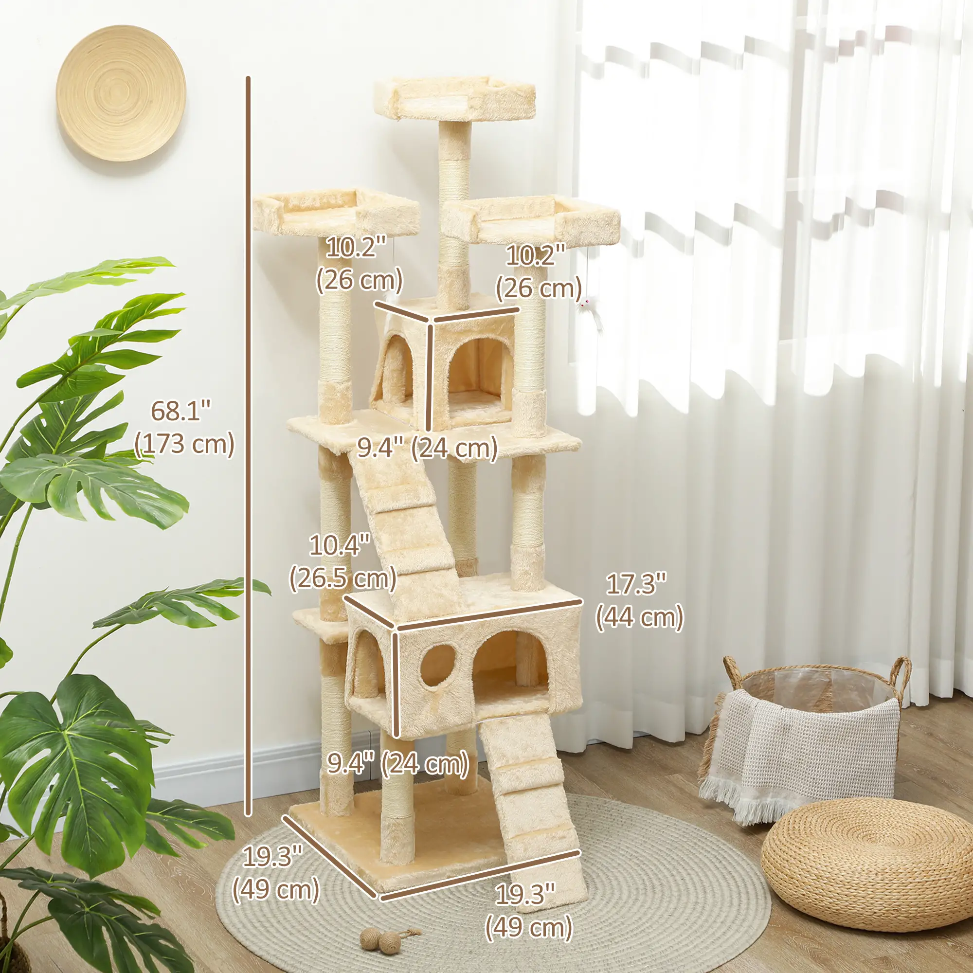 68-Inch Multi-Level Cat Scratching Tree, Activity Center, Beige - Image 3