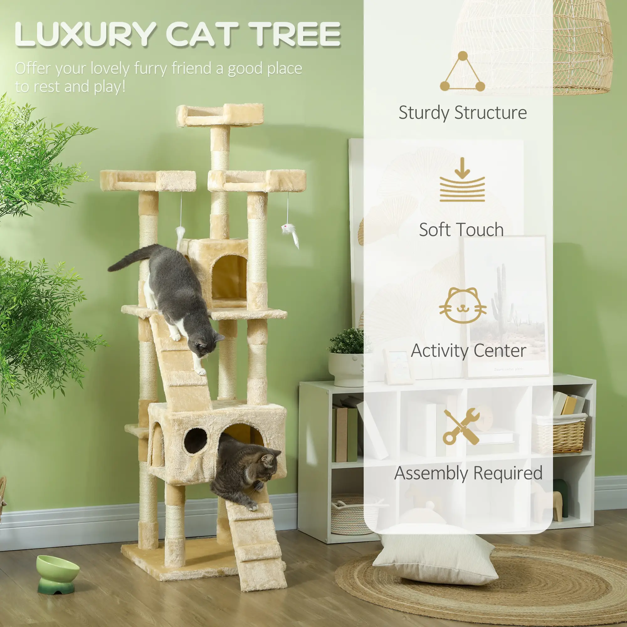 68-Inch Multi-Level Cat Scratching Tree, Activity Center, Beige - Image 4