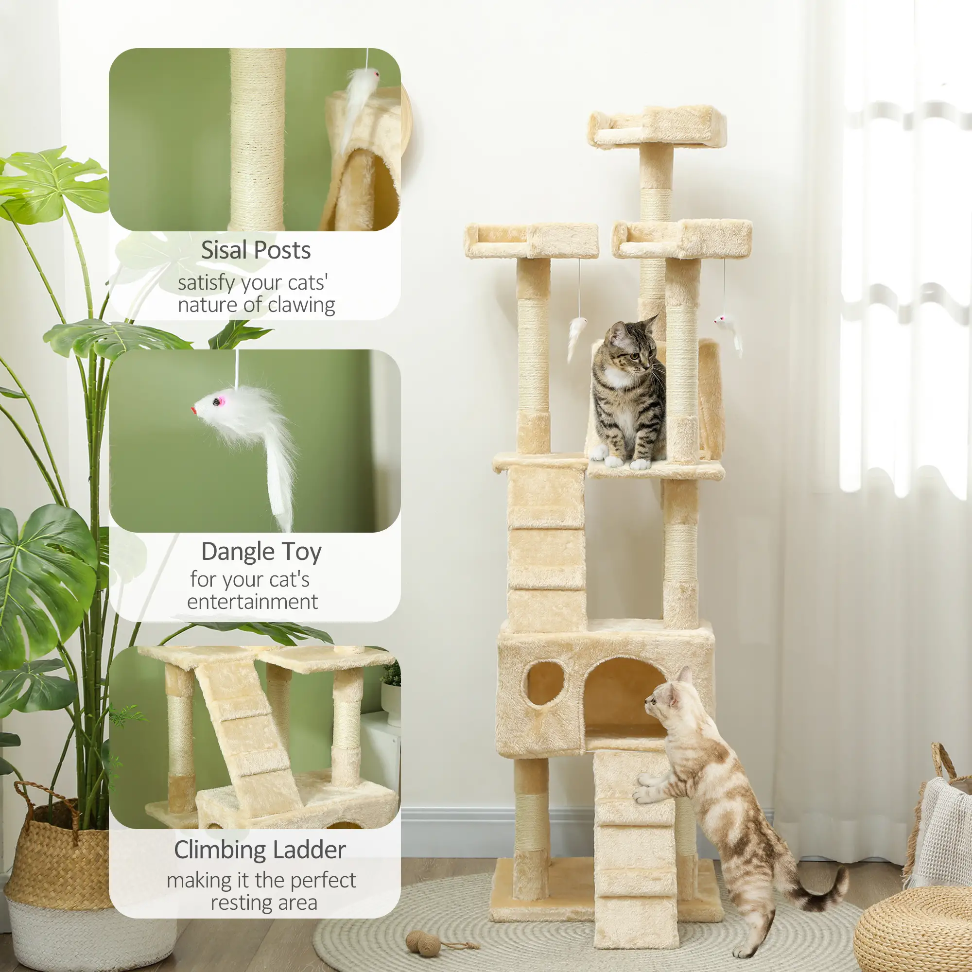 68-Inch Multi-Level Cat Scratching Tree, Activity Center, Beige - Image 5