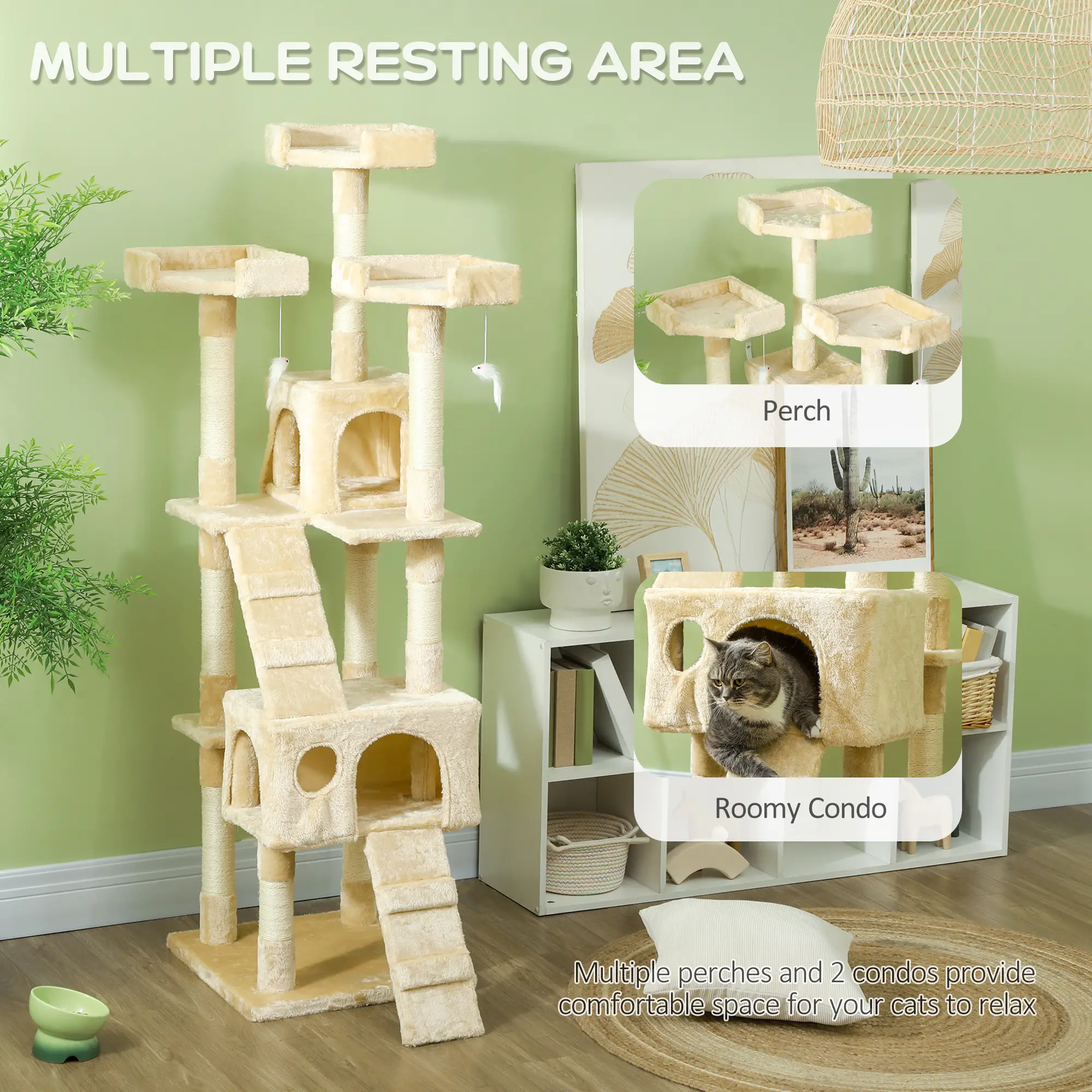 68-Inch Multi-Level Cat Scratching Tree, Activity Center, Beige - Image 6
