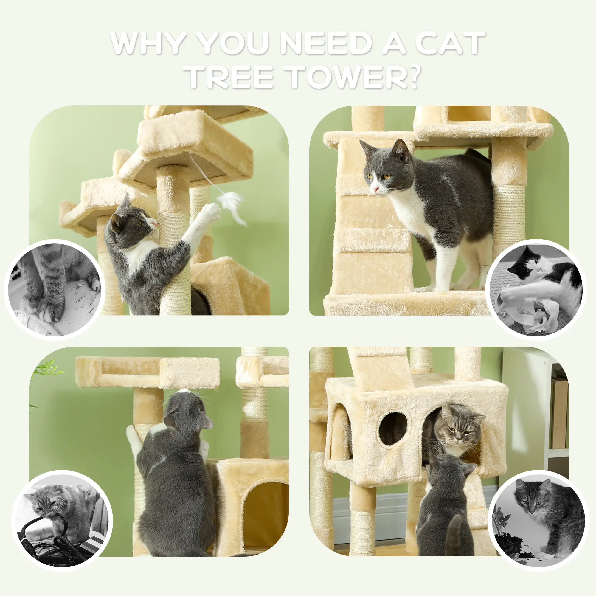 68-Inch Multi-Level Cat Scratching Tree, Activity Center, Beige - Image 7