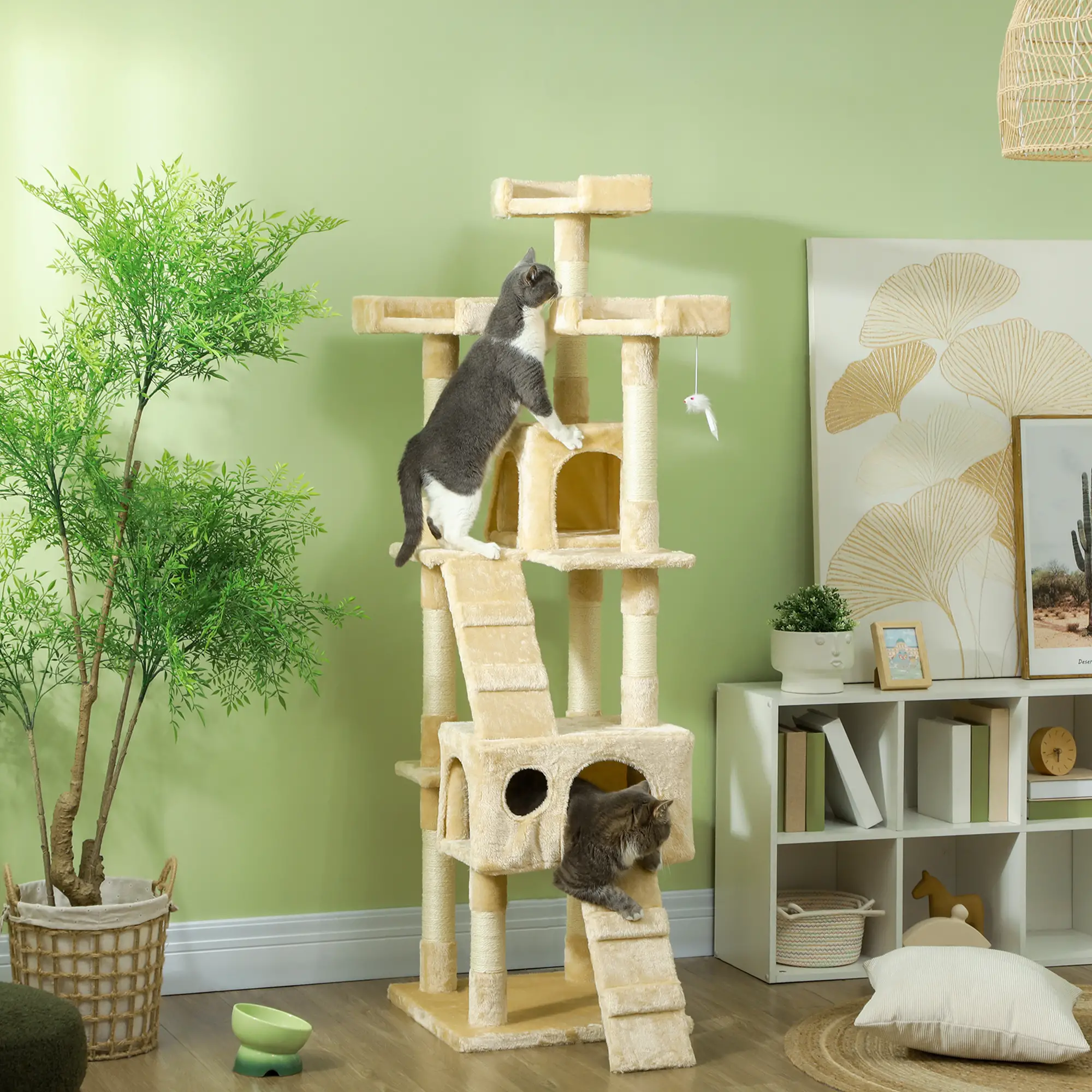 68-Inch Multi-Level Cat Scratching Tree, Activity Center, Beige - Image 8