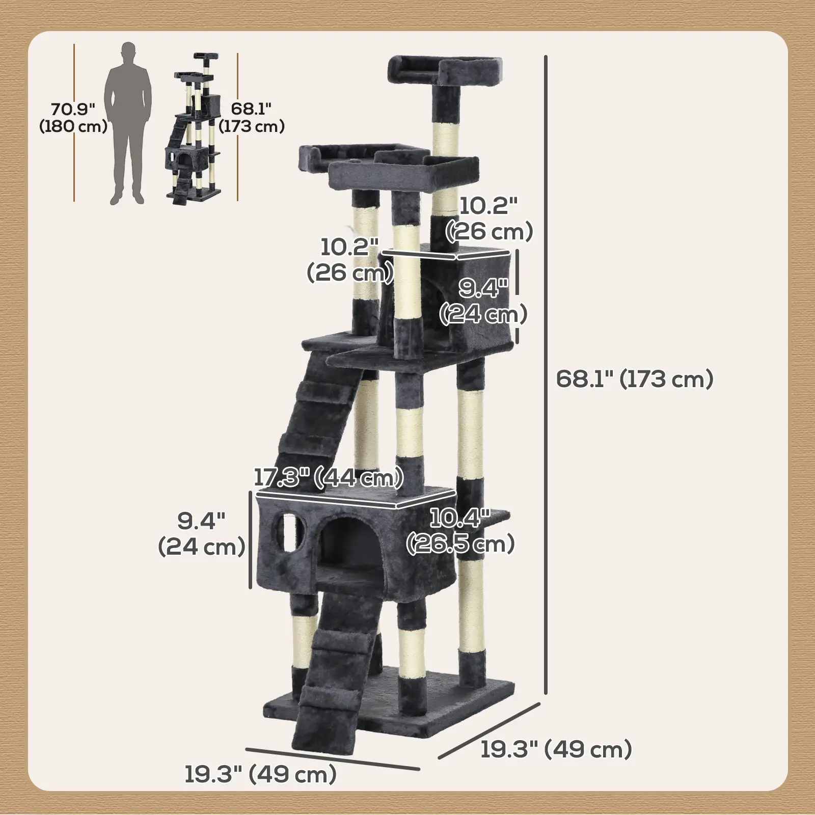 68-Inch Multi-Level Cat Scratching Tree, Kitty Activity Center, Charcoal Grey - Image 3