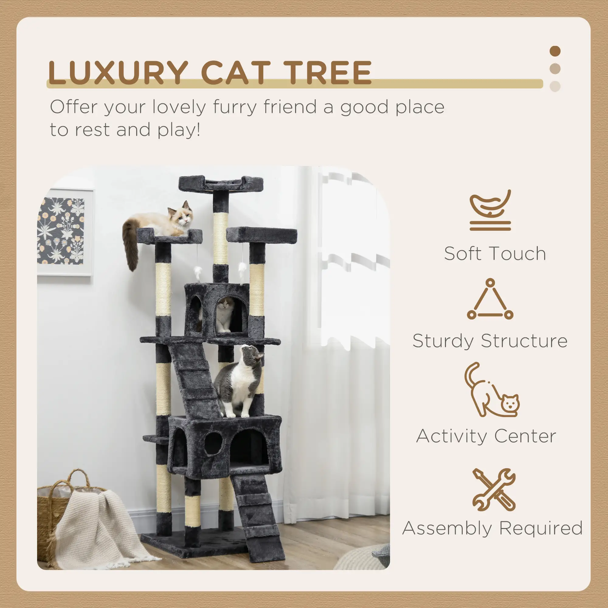 68-Inch Multi-Level Cat Scratching Tree, Kitty Activity Center, Charcoal Grey - Image 4