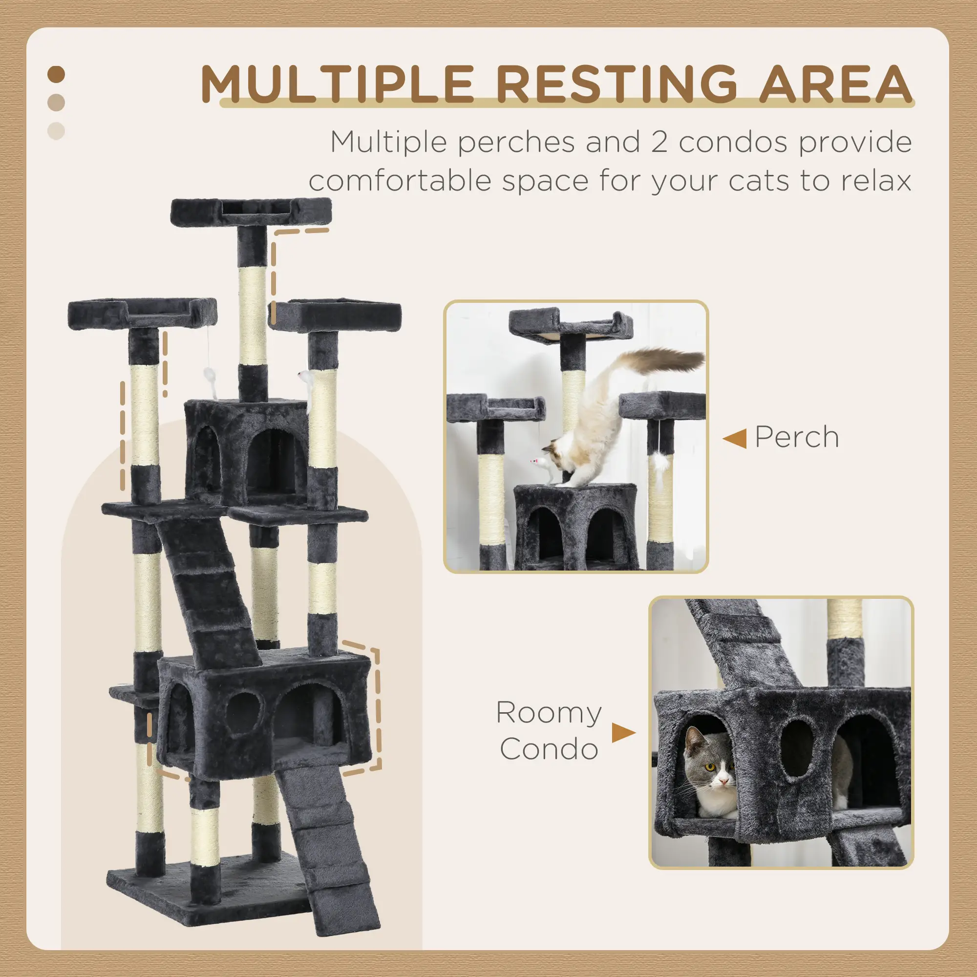 68-Inch Multi-Level Cat Scratching Tree, Kitty Activity Center, Charcoal Grey - Image 6