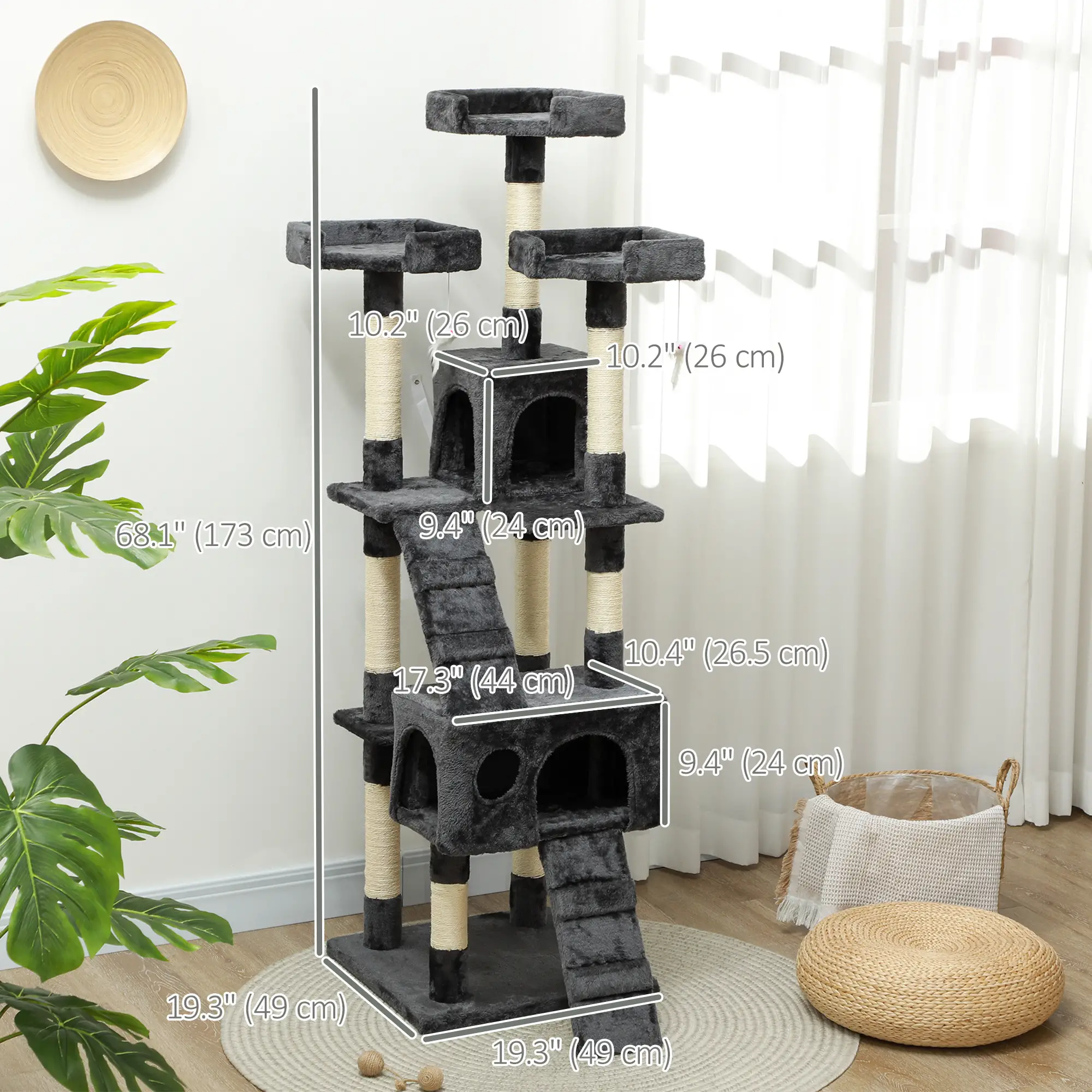 68-Inch Multi-Level Cat Scratching Tree, Kitty Activity Center, Grey - Image 3