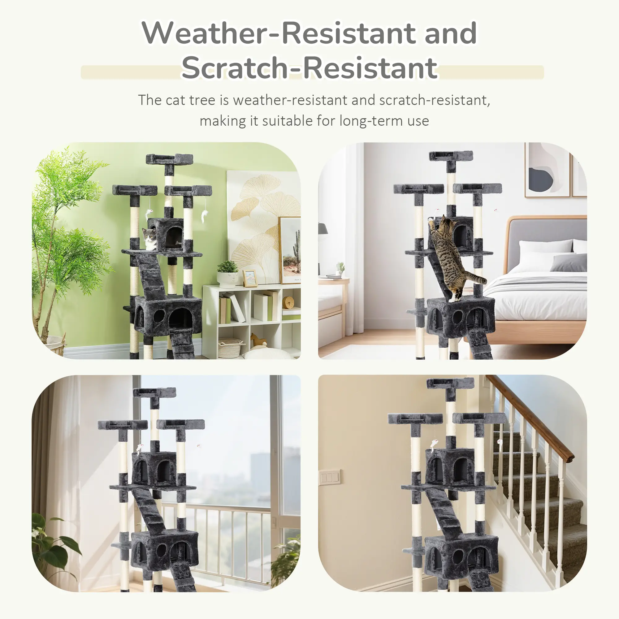 68-Inch Multi-Level Cat Scratching Tree, Kitty Activity Center, Grey - Image 4