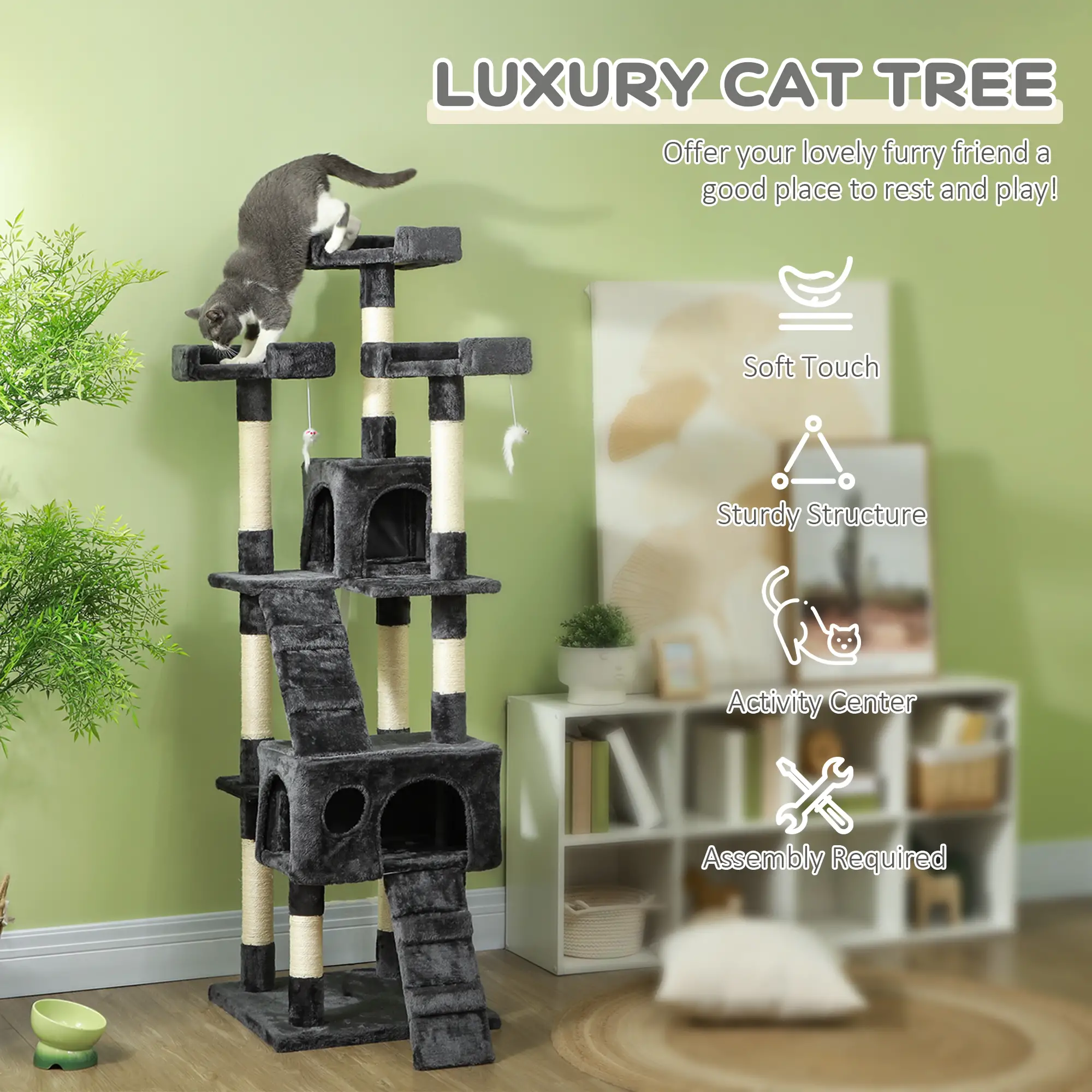 68-Inch Multi-Level Cat Scratching Tree, Kitty Activity Center, Grey - Image 5