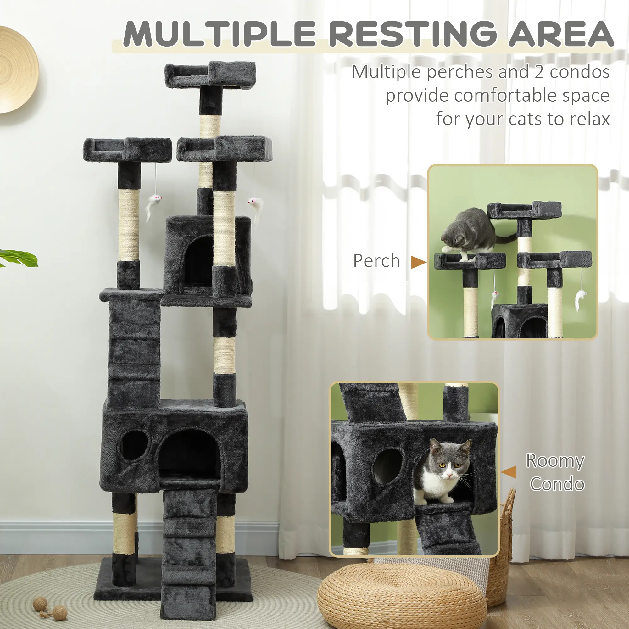 68-Inch Multi-Level Cat Scratching Tree, Kitty Activity Center, Grey - Image 7