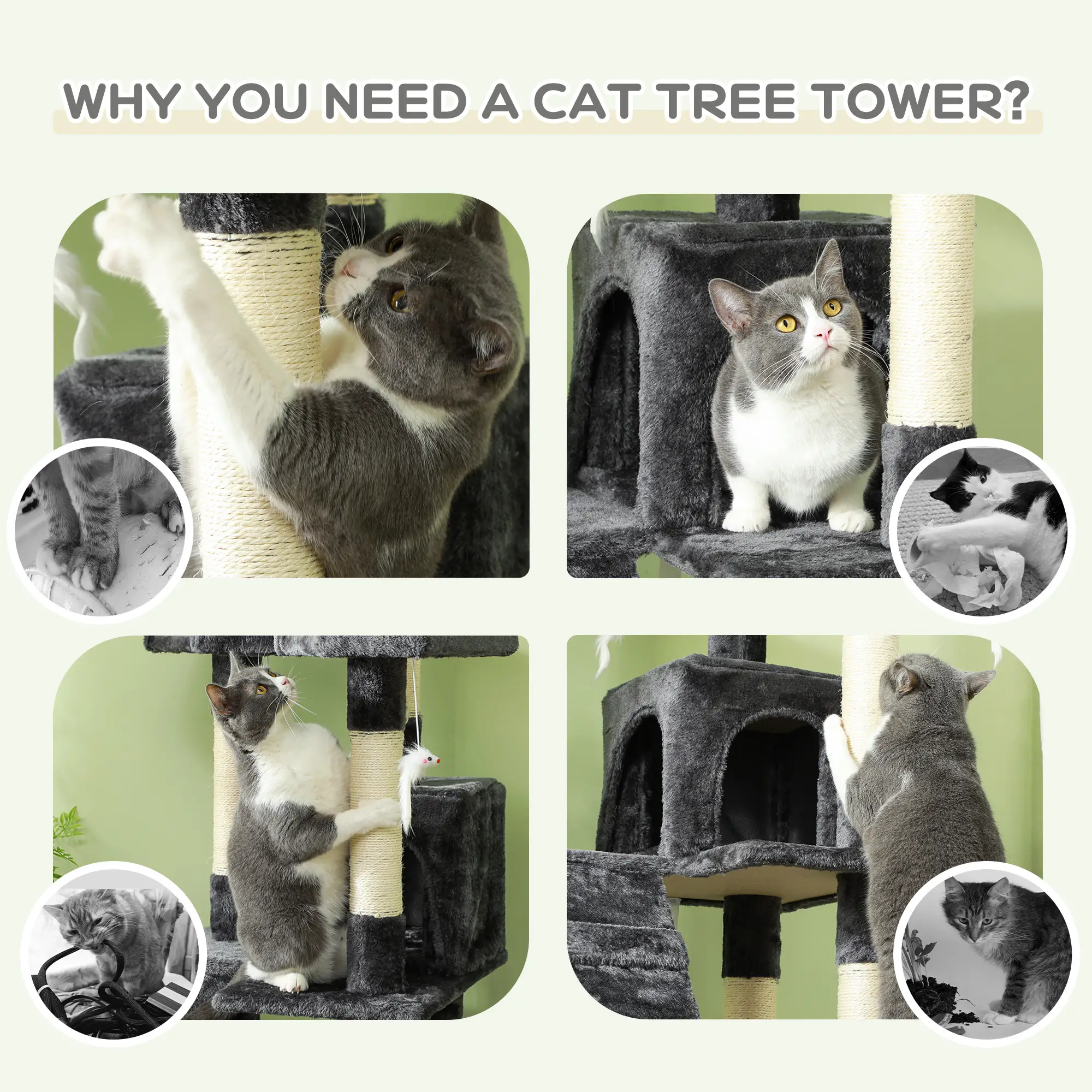 68-Inch Multi-Level Cat Scratching Tree, Kitty Activity Center, Grey - Image 8