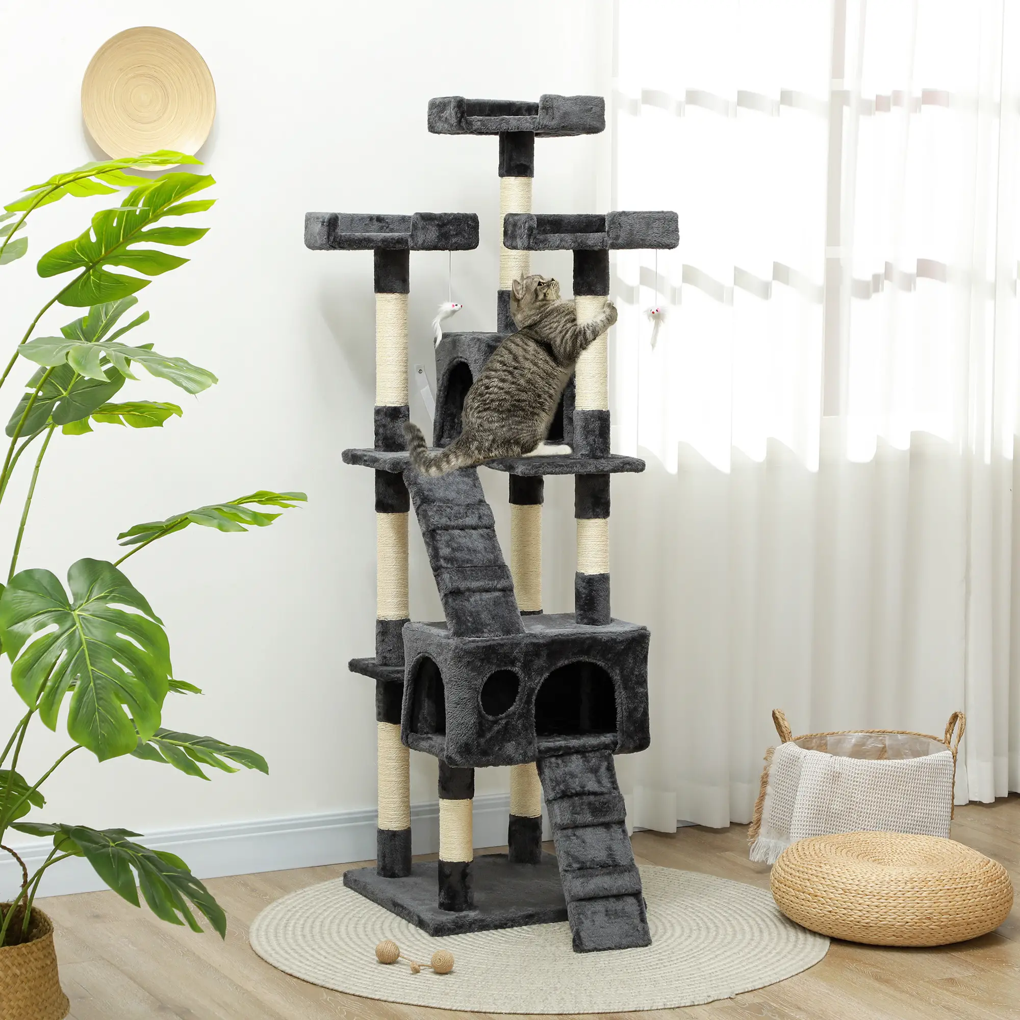 68-Inch Multi-Level Cat Scratching Tree, Kitty Activity Center, Grey - Image 9