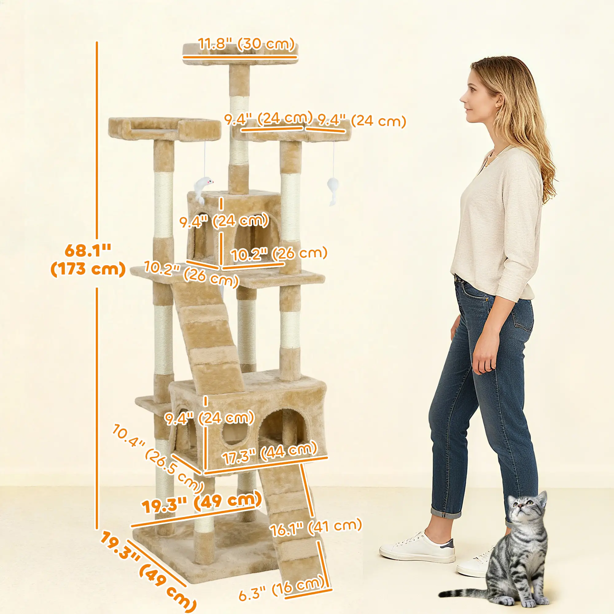 68-Inch Multi-Level Cat Scratching Tree, Light Brown - Image 3
