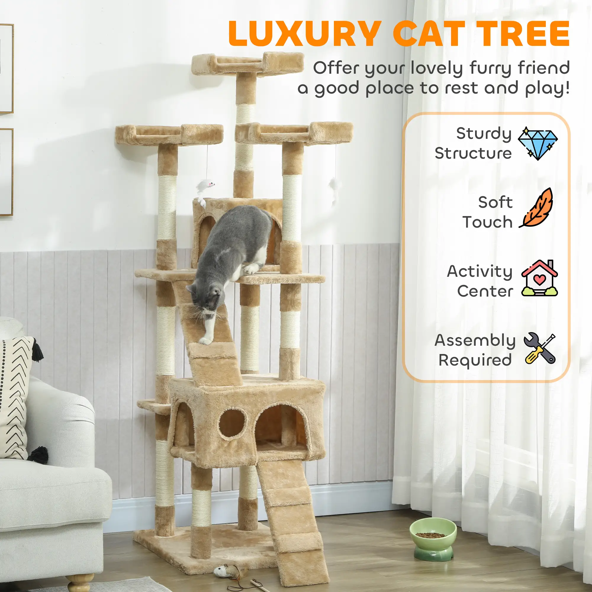 68-Inch Multi-Level Cat Scratching Tree, Light Brown - Image 4