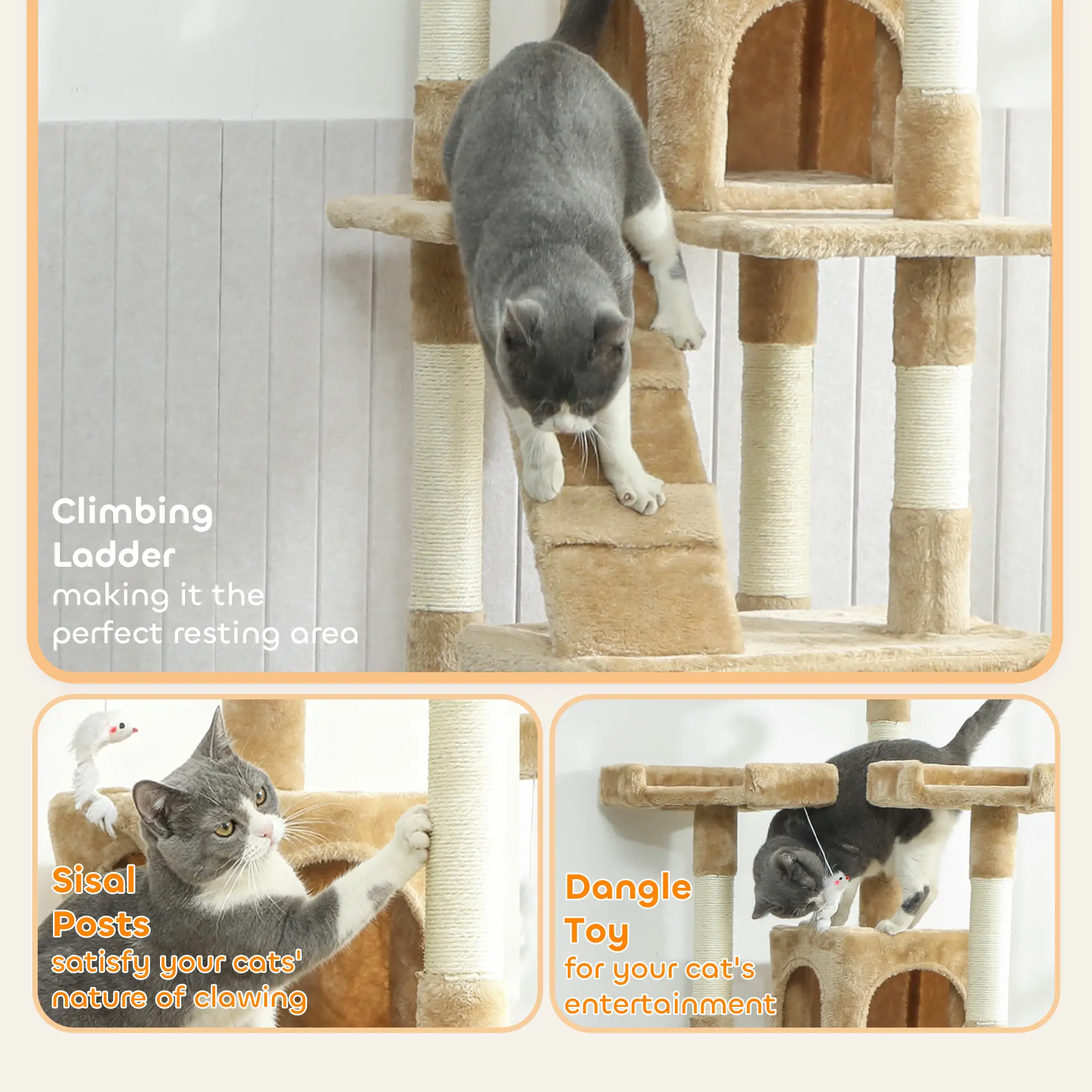 68-Inch Multi-Level Cat Scratching Tree, Light Brown - Image 5