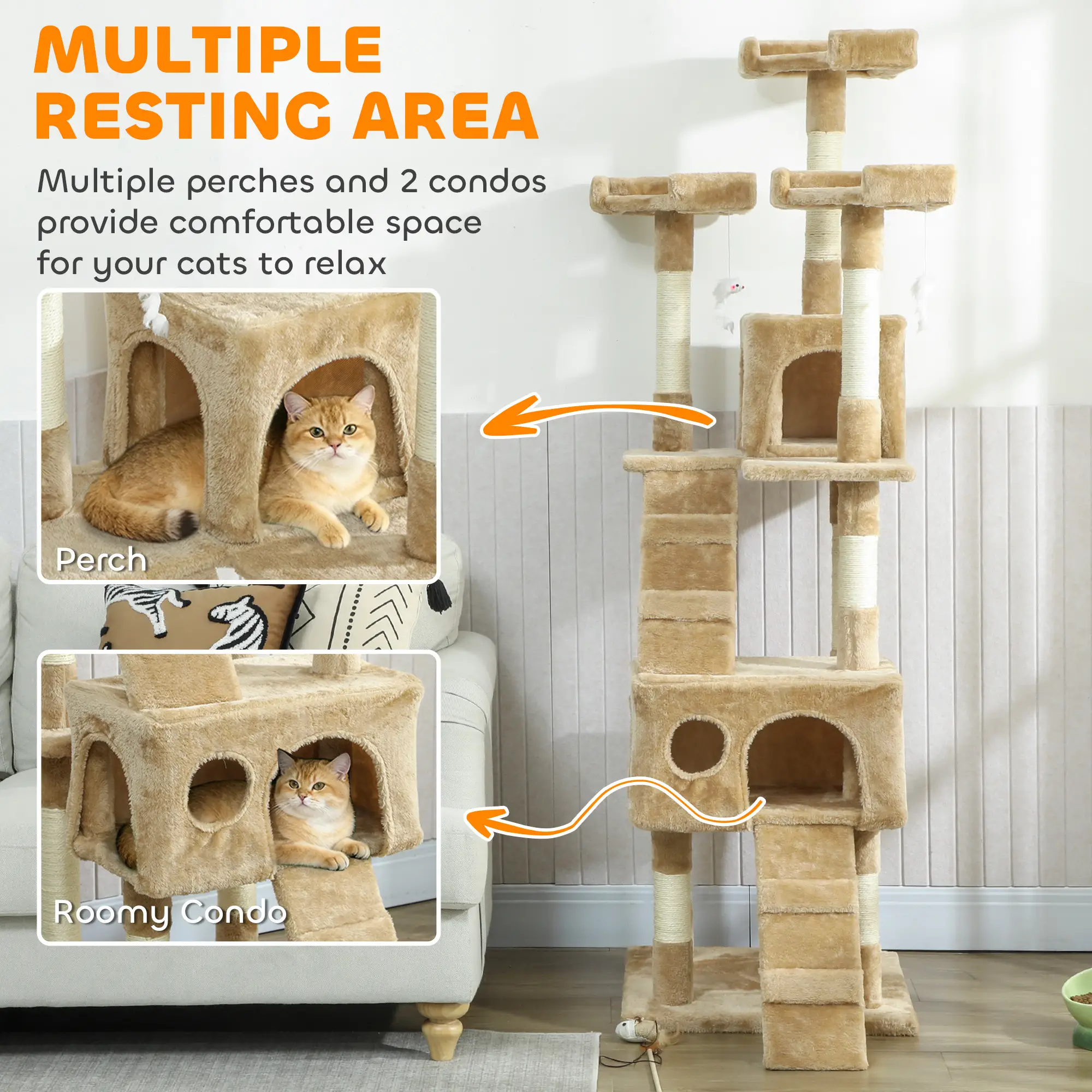 68-Inch Multi-Level Cat Scratching Tree, Light Brown - Image 6
