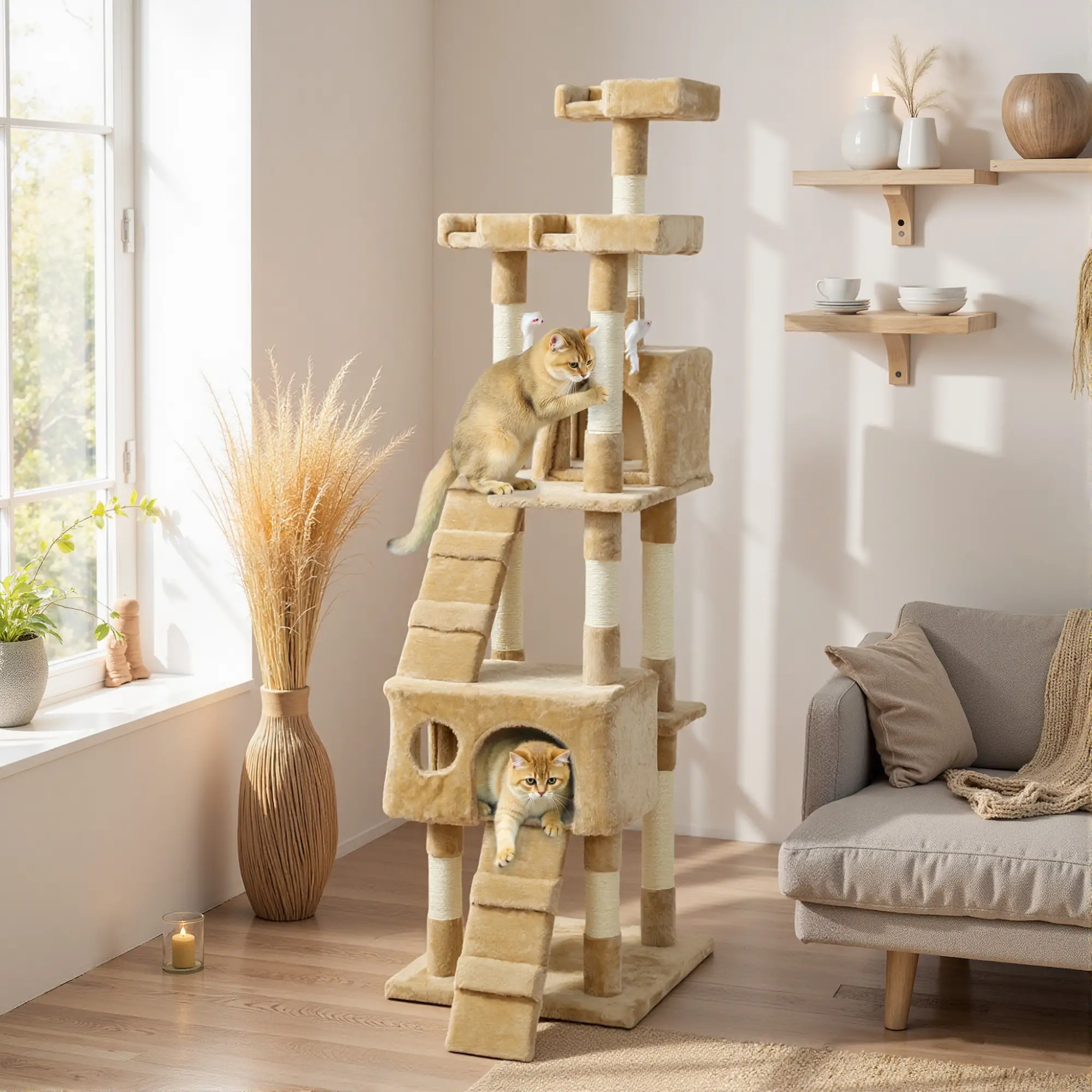68-Inch Multi-Level Cat Scratching Tree, Light Brown - Image 8