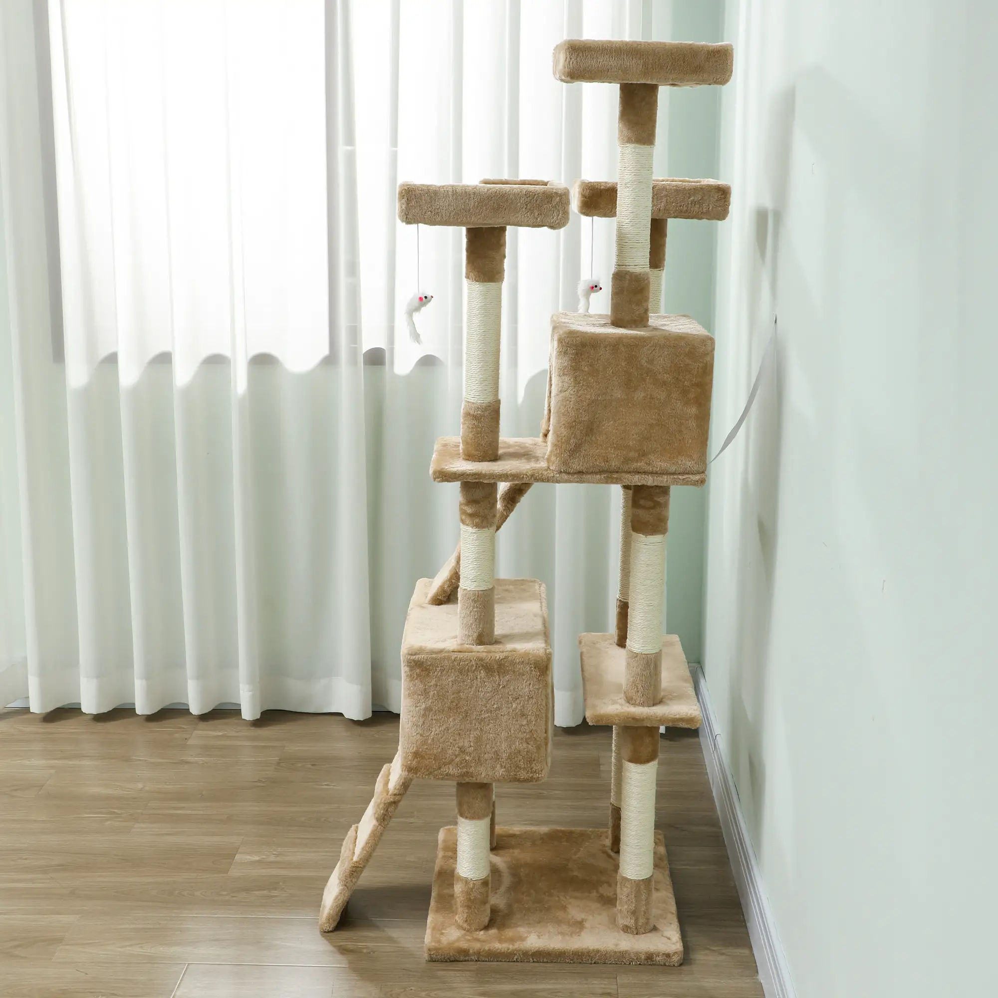 68-Inch Multi-Level Cat Scratching Tree, Light Brown - Image 9