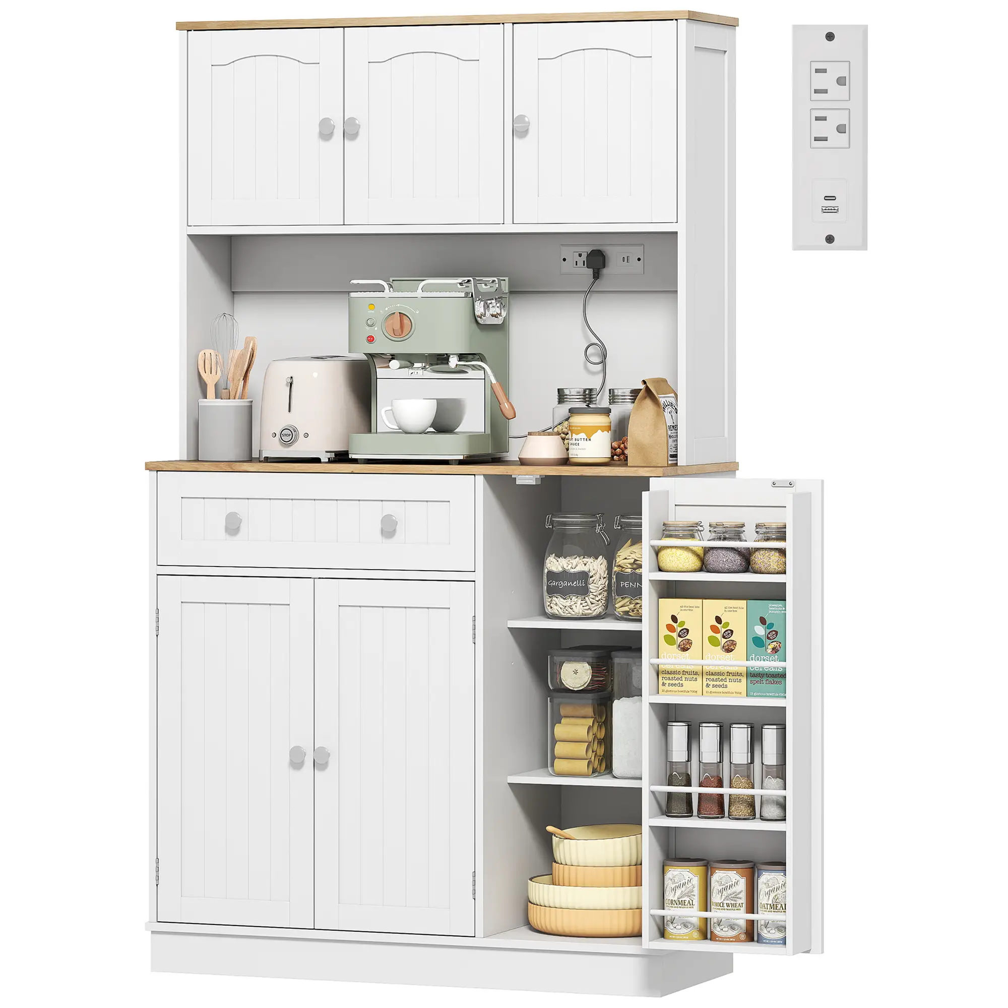 68 Inch Pantry Cabinet with Charging Station, Microwave Stand, 4 Door Racks, White