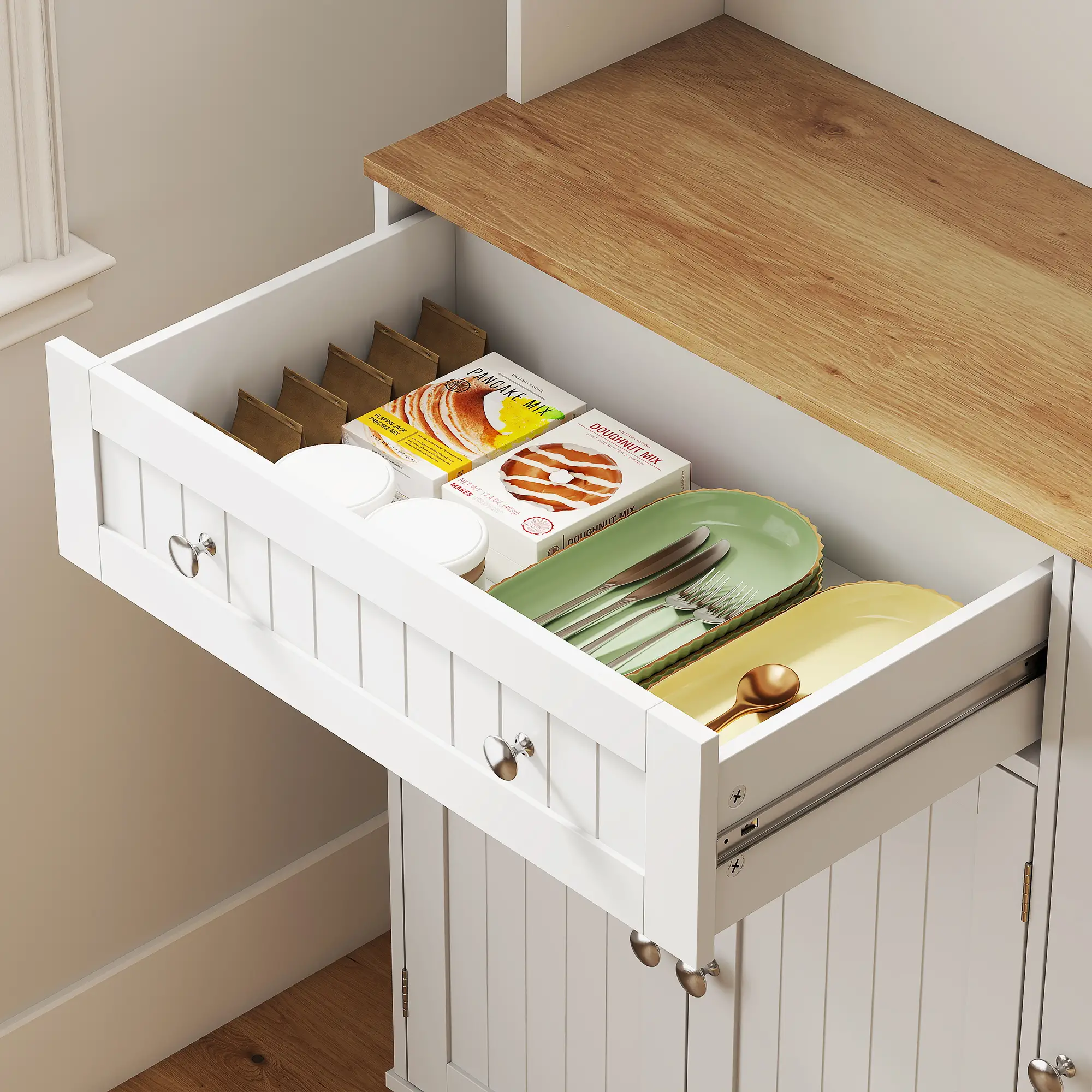 68 Inch Pantry Cabinet with Charging Station, Microwave Stand, 4 Door Racks, White - Image 10