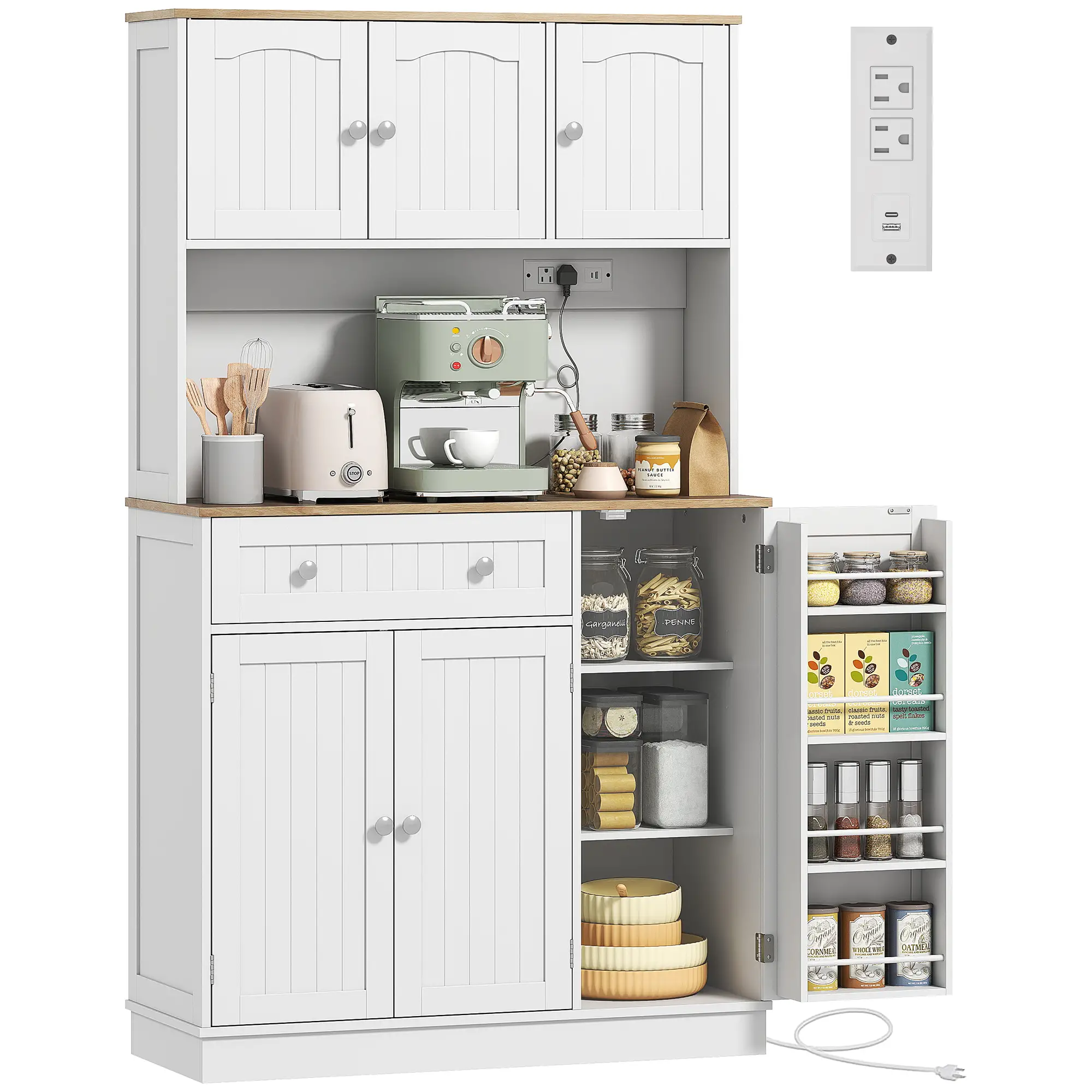 68 Inch Pantry Cabinet with Charging Station, Microwave Stand, 4 Door Racks, White - Image 11