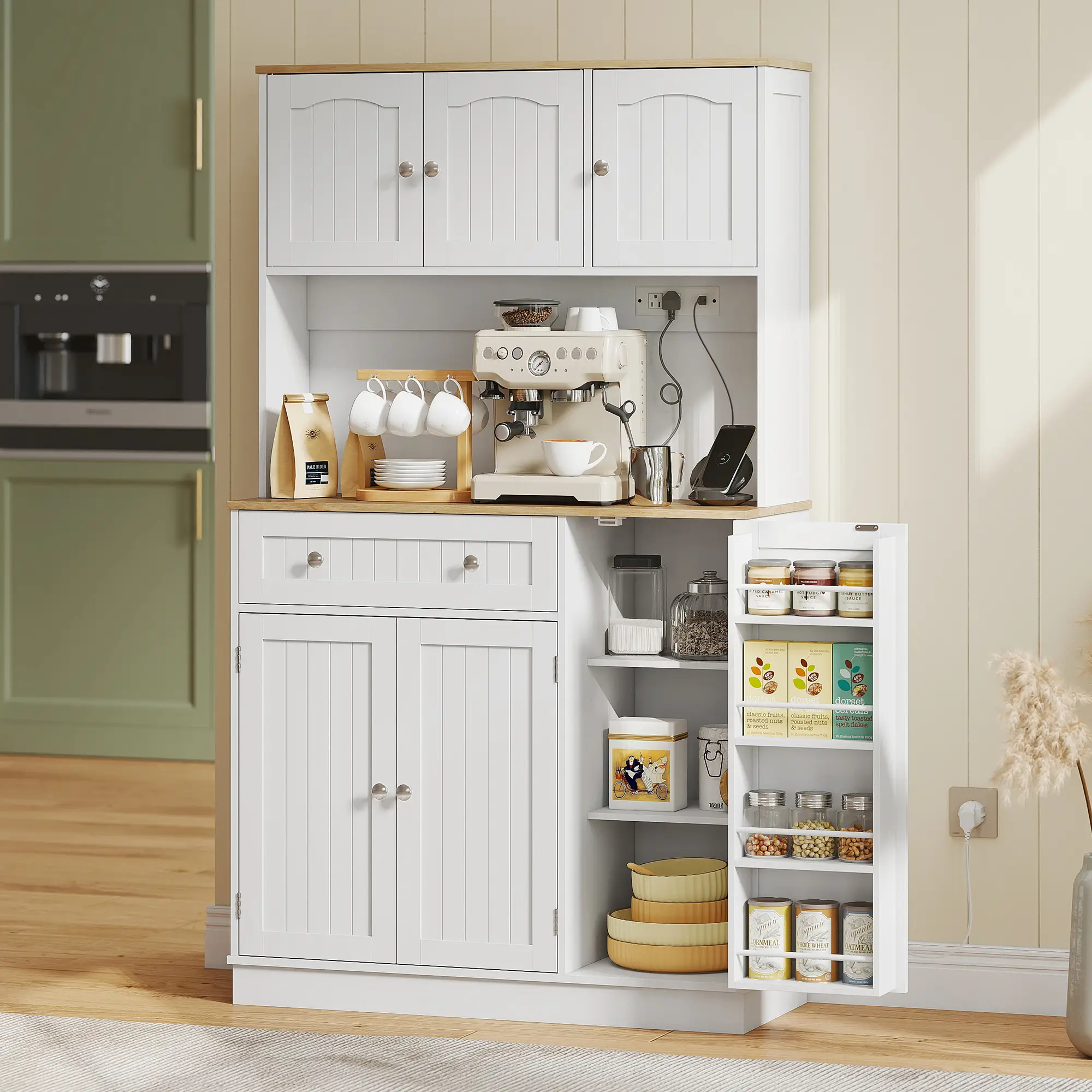 68 Inch Pantry Cabinet with Charging Station, Microwave Stand, 4 Door Racks, White - Image 2
