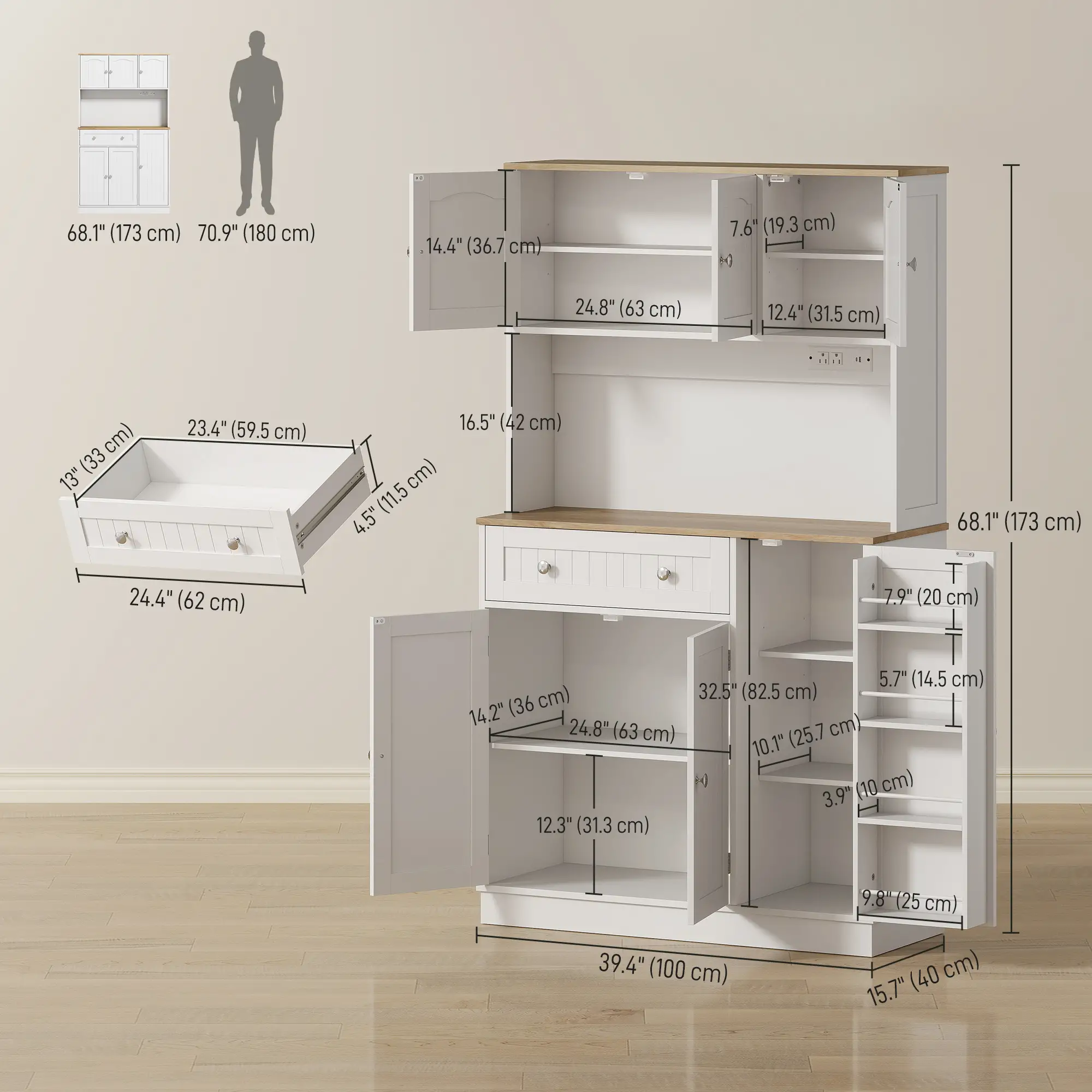 68 Inch Pantry Cabinet with Charging Station, Microwave Stand, 4 Door Racks, White - Image 3