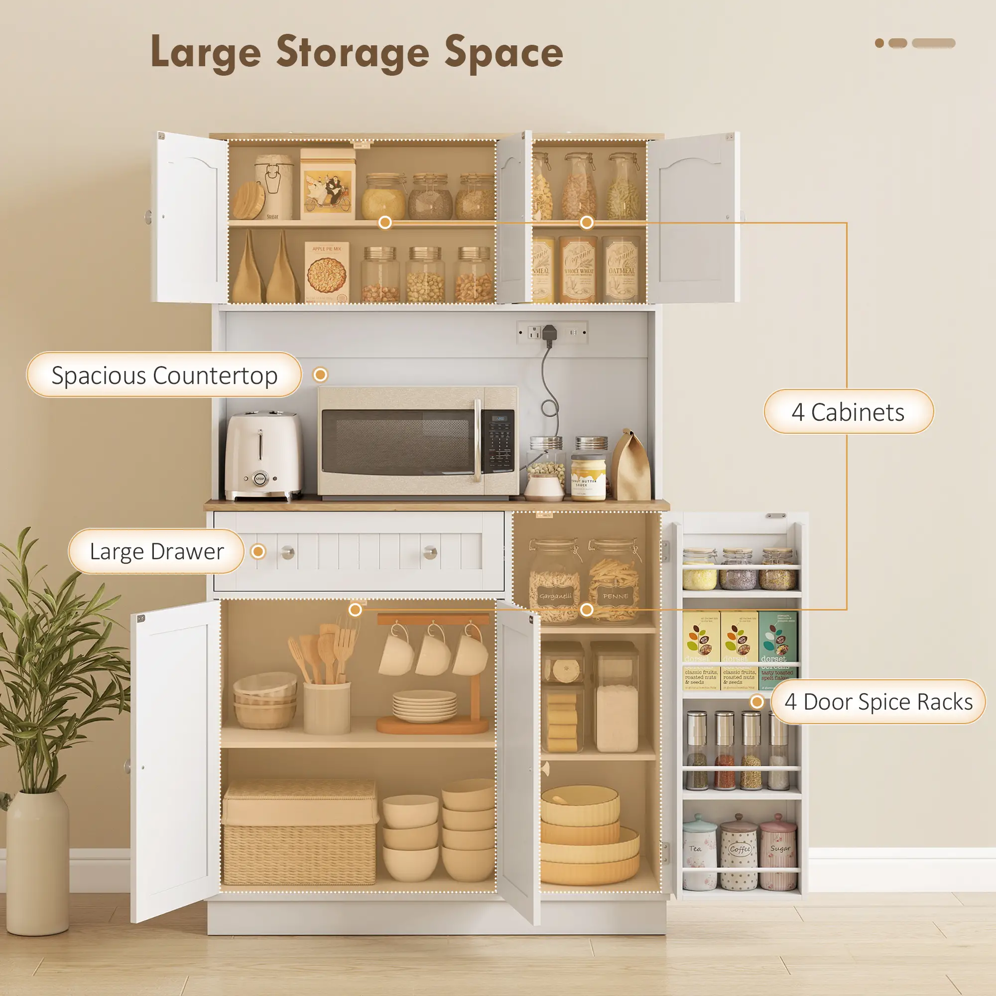 68 Inch Pantry Cabinet with Charging Station, Microwave Stand, 4 Door Racks, White - Image 4