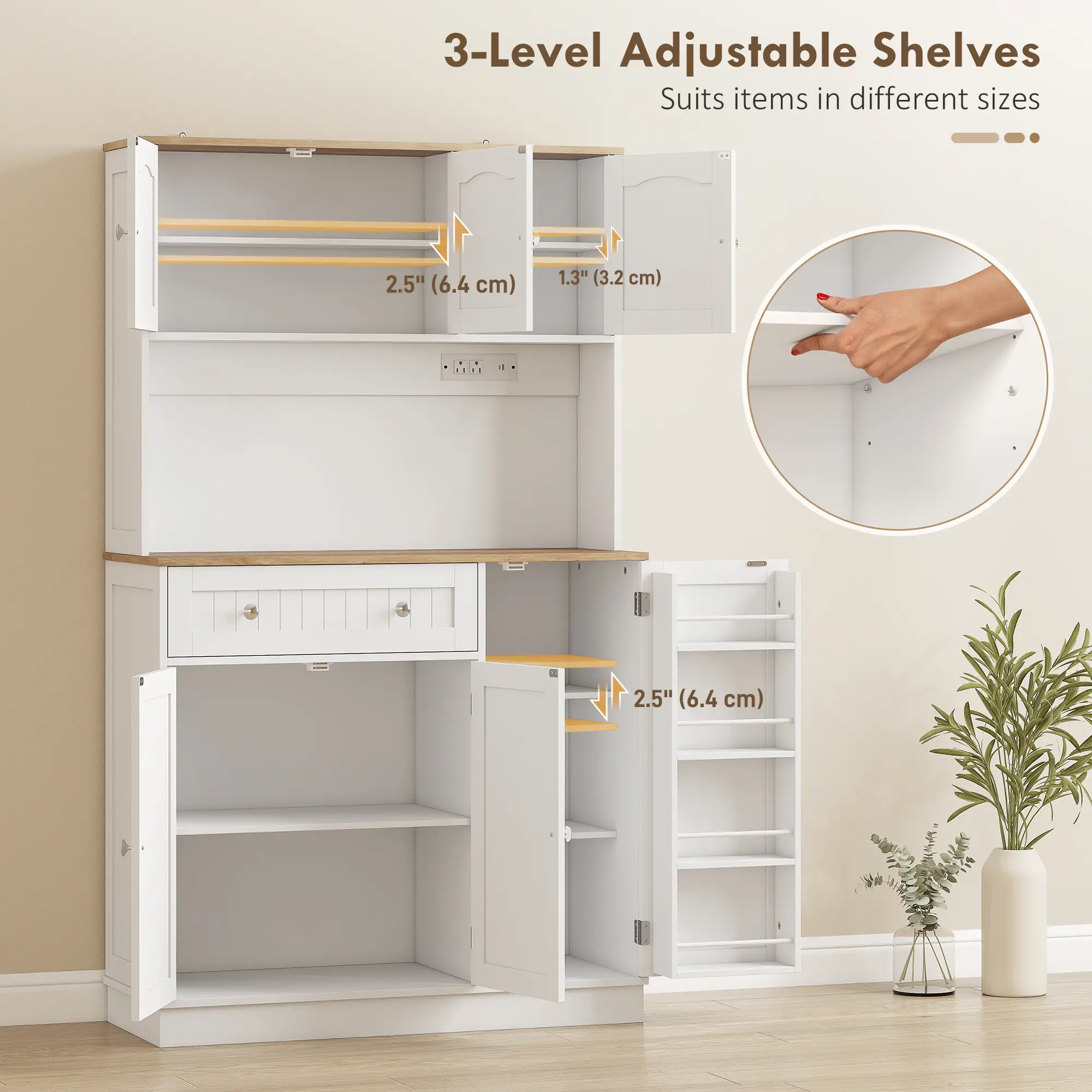 68 Inch Pantry Cabinet with Charging Station, Microwave Stand, 4 Door Racks, White - Image 5