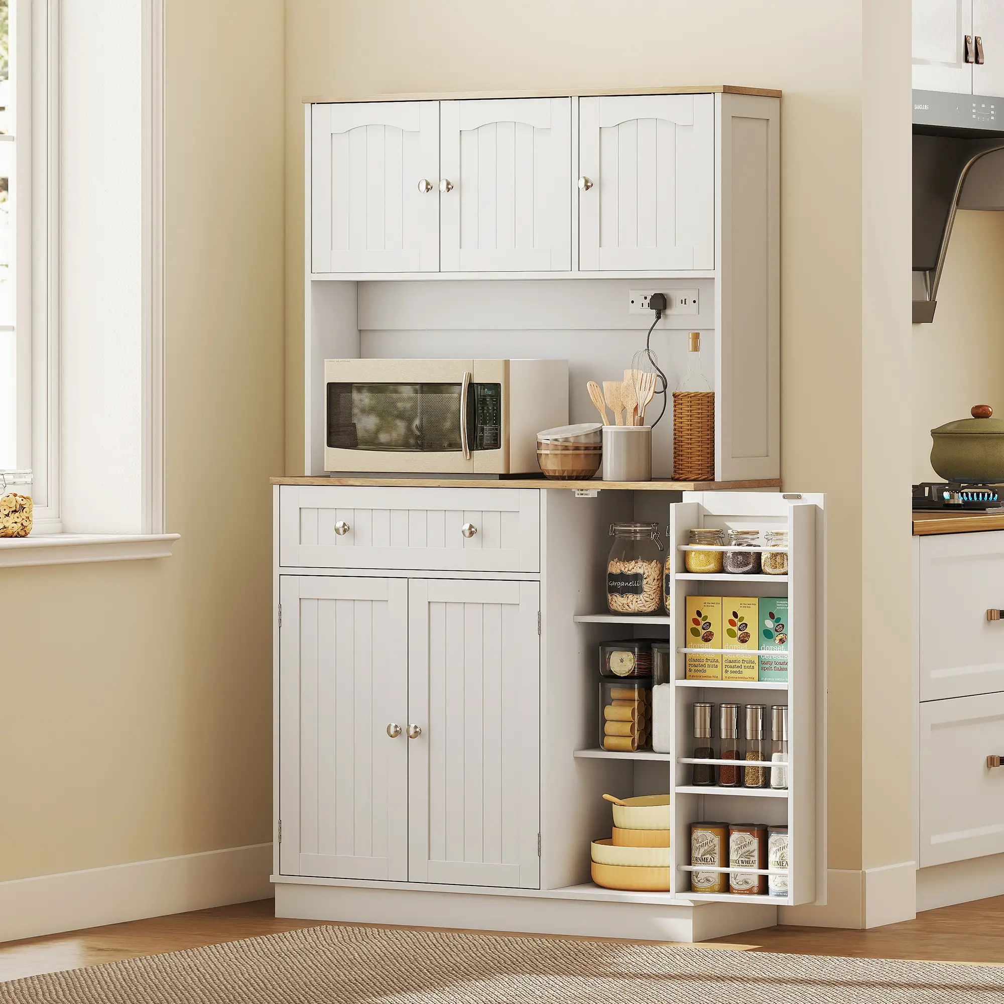 68 Inch Pantry Cabinet with Charging Station, Microwave Stand, 4 Door Racks, White - Image 8
