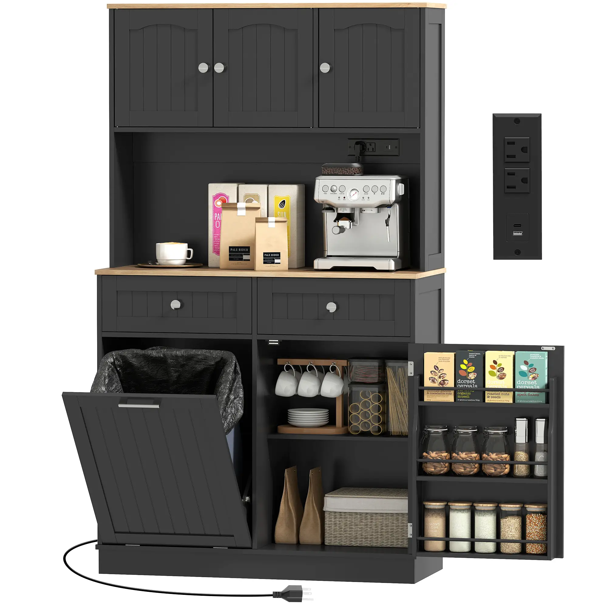 68 Inch Pantry Cabinet with Charging Station, Microwave Stand, Trash Can, Black
