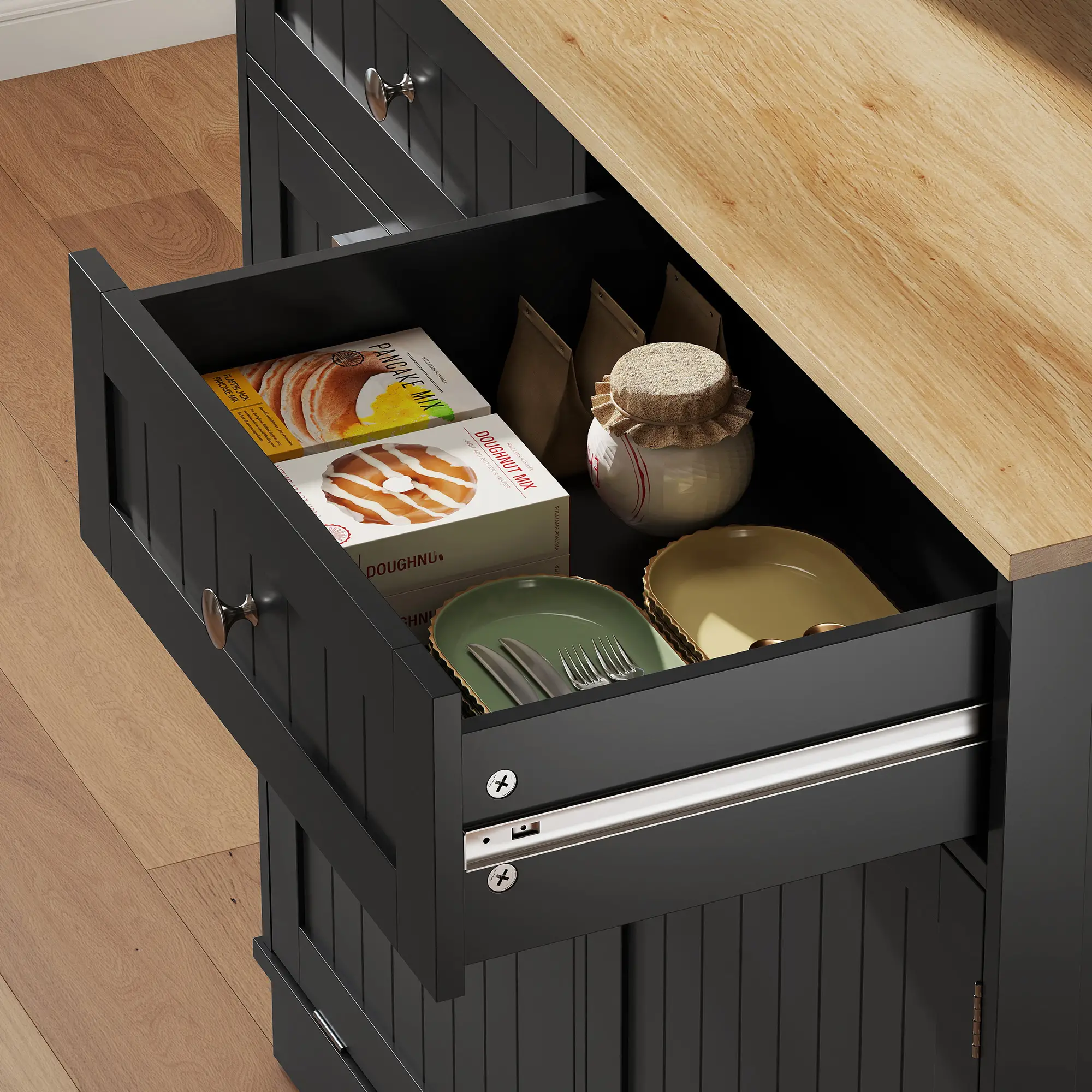 68 Inch Pantry Cabinet with Charging Station, Microwave Stand, Trash Can, Black - Image 10